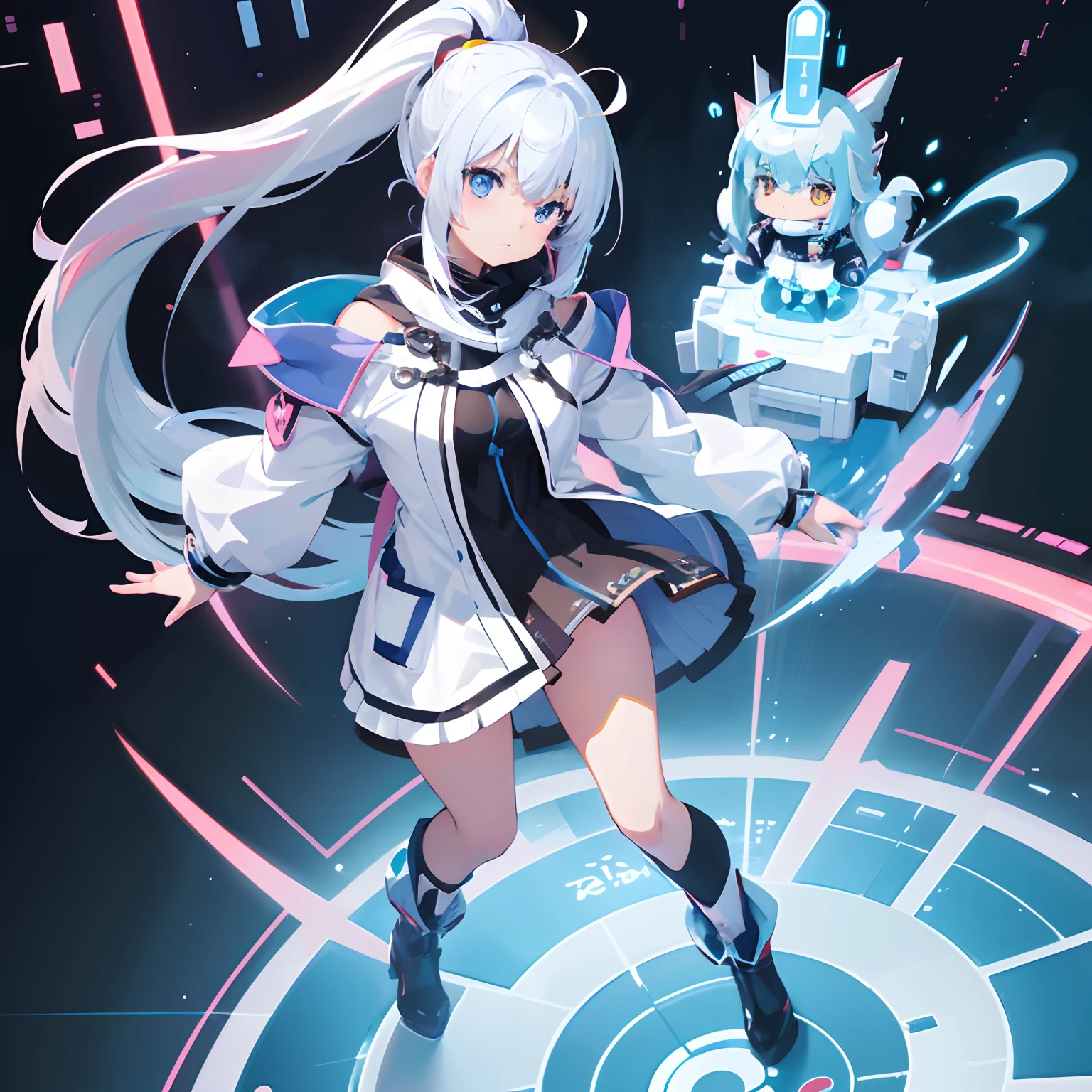 Virtual smart girl live on Channel B,White haired girl with double ponytail,Body shape with golden pupils,The head has a ring radiator,Poor milk,Blue and white coat,dark blue short dress。Anime girl with long white hair and blue dress and black boots, live2d virtual youtuber model, anime vtuber full body model, A rendering of a cute anime girl, mikudayo, Anime style, Os amigos, pale-blue, Anime style. 8K, Anime manga robot!! Anime girl