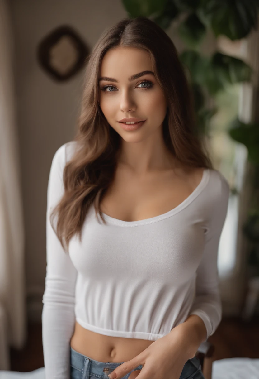 sexy girl with brown eyes, portrait sophie mudd, brown hair and large eyes, selfie of a 20 years old girl, bedroom eyes, violet myers, without makeup, natural makeup, looking directly at the camera, face with artgram, subtle makeup, stunning full body shot, beautiful angle, attractive pose, cute girl, sexy pose, full body picture, full body, full body shoot, brunette goddess, high detail, satisfied pose, wearing white tshirt, huge breasts, (beautiful detailed face, beautiful detailed eyes), (naked), glow, sweat, laughing (nsfw:1.5)