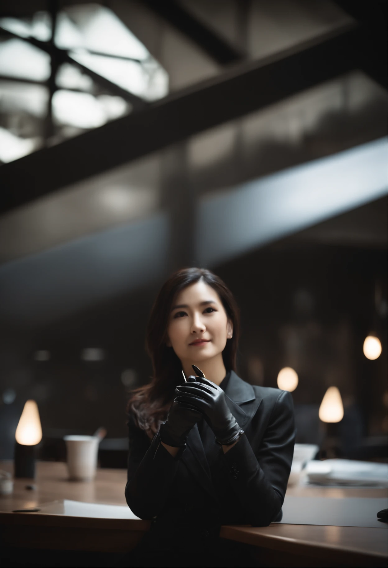 Wearing black leather gloves on both hands, Upper body, Black business suit, Facing a desk in a modern study in the dark, Look down and smile, Use a fountain pen to write a letter, long, Straight black hair, Young and very cute Japan female new employee (Black leather gloves cover both hands)
