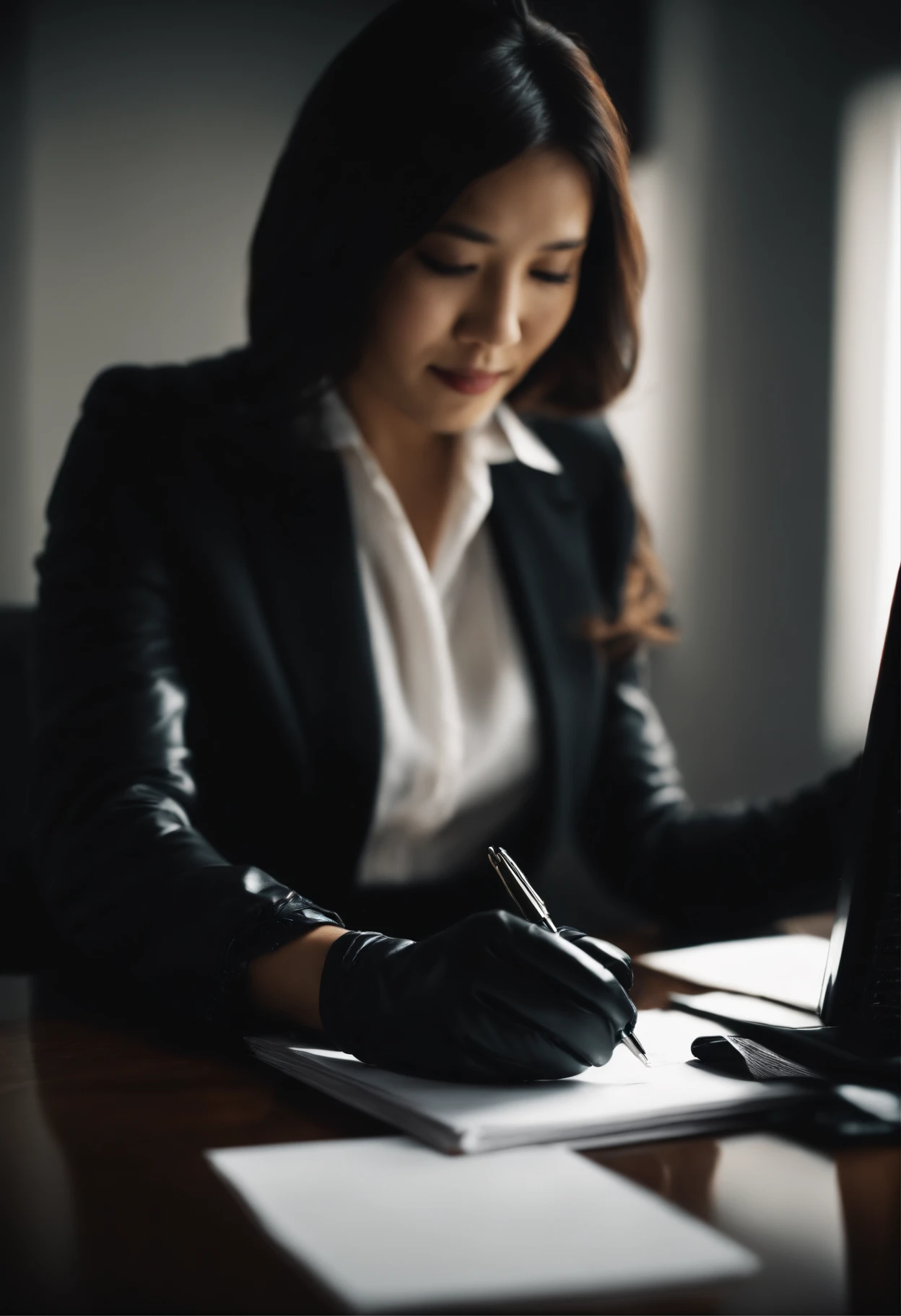 Wearing black leather gloves on both hands, Upper body, Black business suit, Facing a desk in a modern study in the dark, Look down and smile, Use a fountain pen to write a letter, long, Straight black hair, Young and very cute Japan female new employee (Black leather gloves cover both hands)