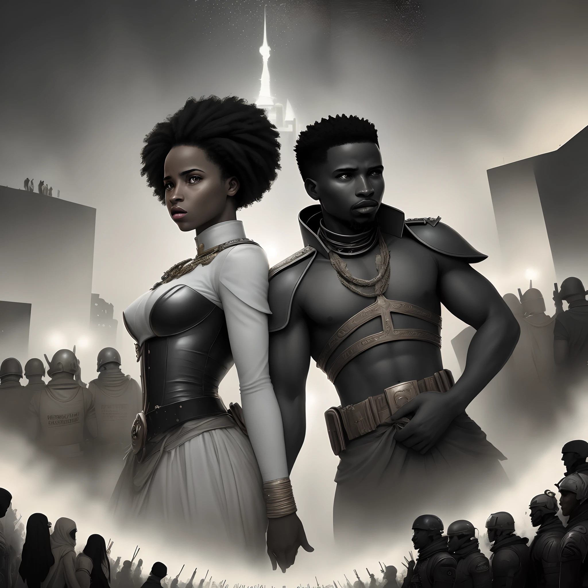 Titre du livre : "Revolution in the Land of Upright Men"Prompte : "Create an epic cover image for 'Revolution in Starland', a captivating narrative set in a futuristic and hierarchical Burkina Faso. The image must reflect the story of two heroes, Aminata(noire) et Moussa, who fight for justice and freedom in a divided society. Highlight the contrast between the oppression of the corrupt government and the hope of revolution. Use iconic elements of the book such as stars, Symbols of resistance, and a color palette that evokes both struggle and hope."