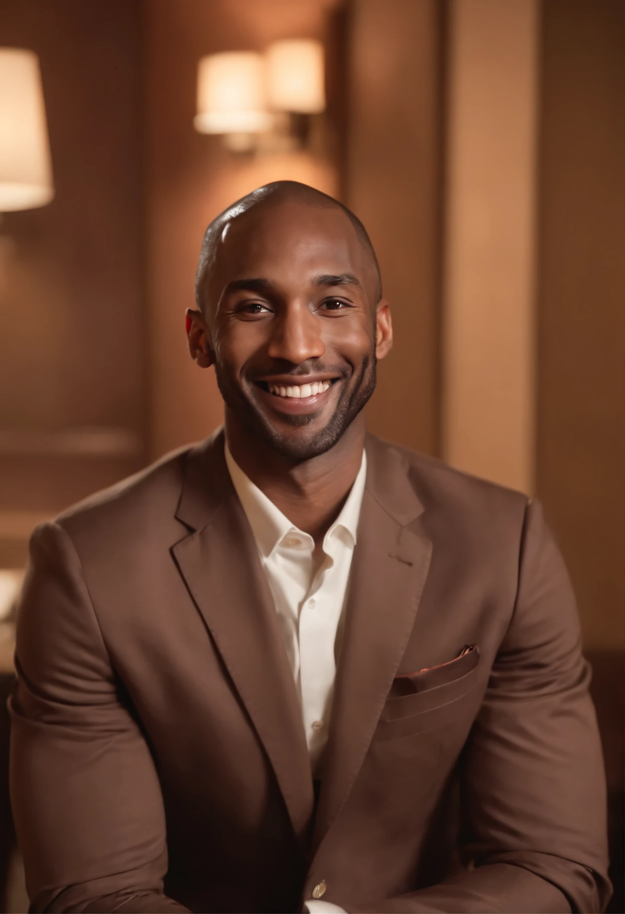 Realistic image of Kobe Bryant smiling and wearing a suit behind a brown background