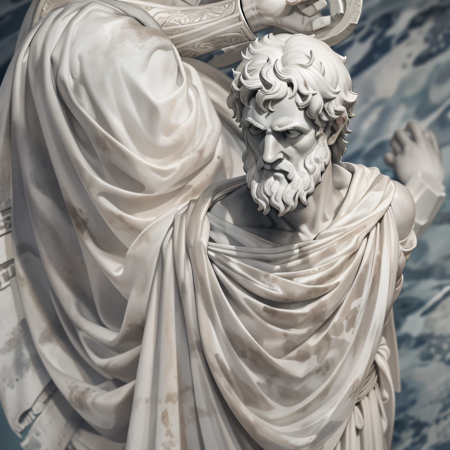 A realistic Greek white marble statue of aristotle brave scary detailed wearing a ghostly toga, fundo neutro, Moody, , fotorrealista, Jantar de filme assustador, super detalhada, Hiper realista, luzes brilhantes, 8 mil