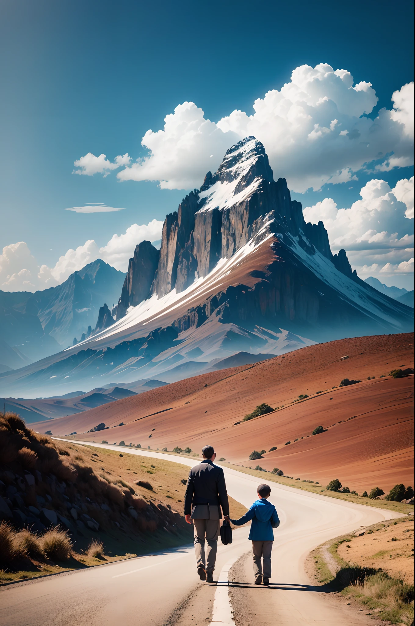 Rich man traveling with his son. Cinematic image, premium quality, detailed,  add mountain , add road , add blue sky