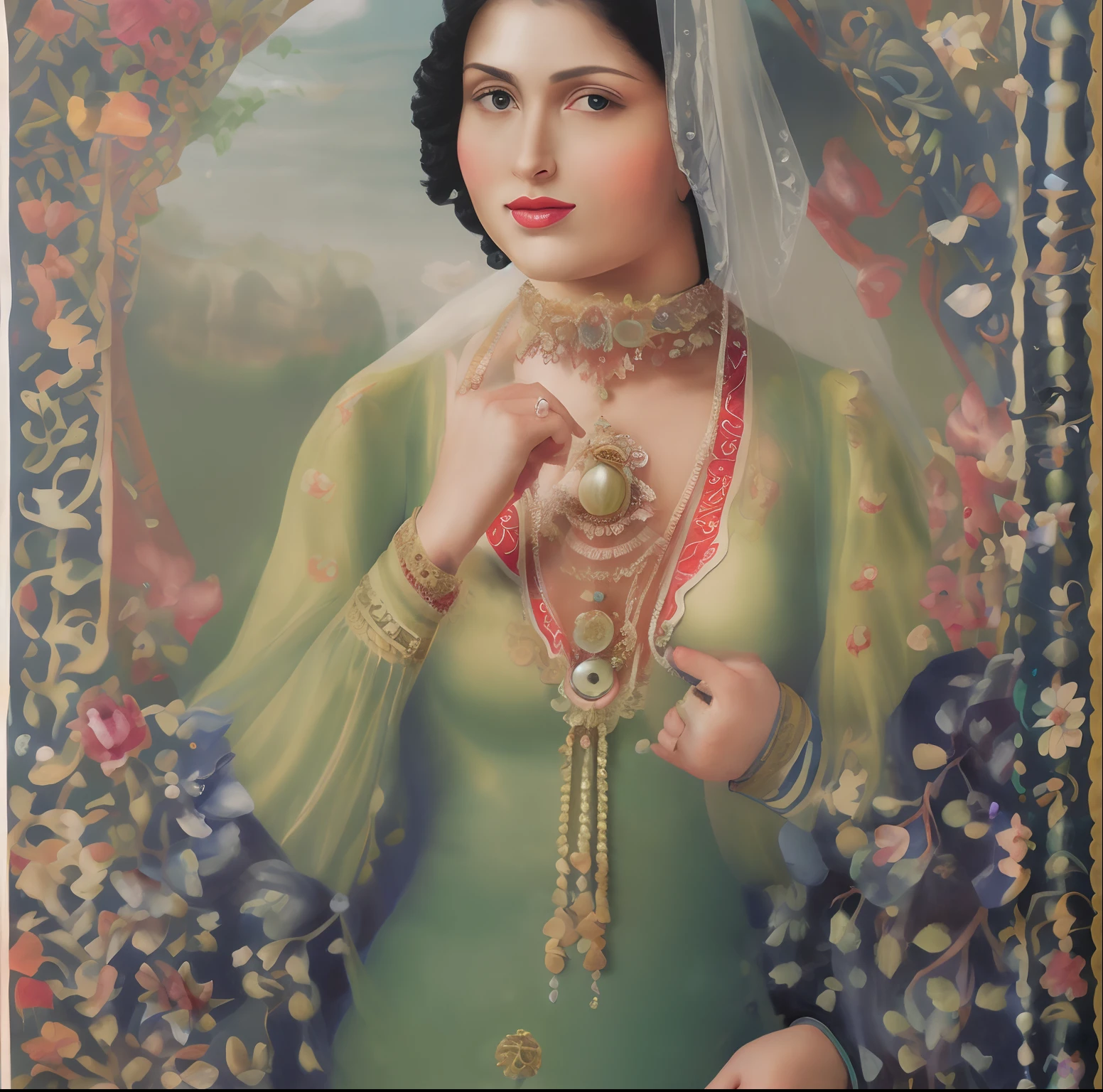Painting of a woman in a green dress with a veil and necklace - SeaArt AI