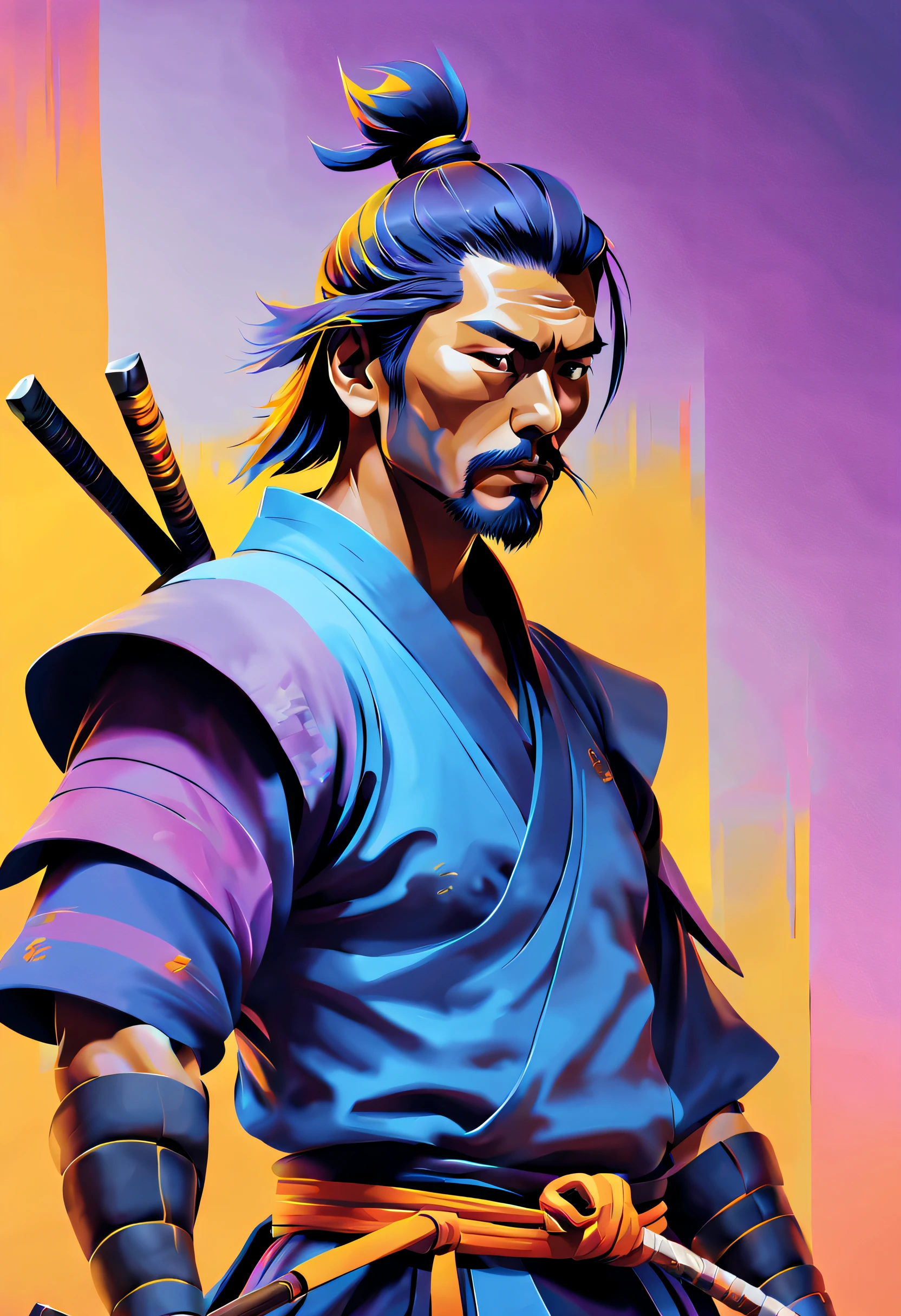 minimalistic, stylized digital painting of a male samurai , multilevel art, vivid colors, blue, yellow, violet, and orange colors, superflat vector style illustration, cinematic lighting. t-shirt design.