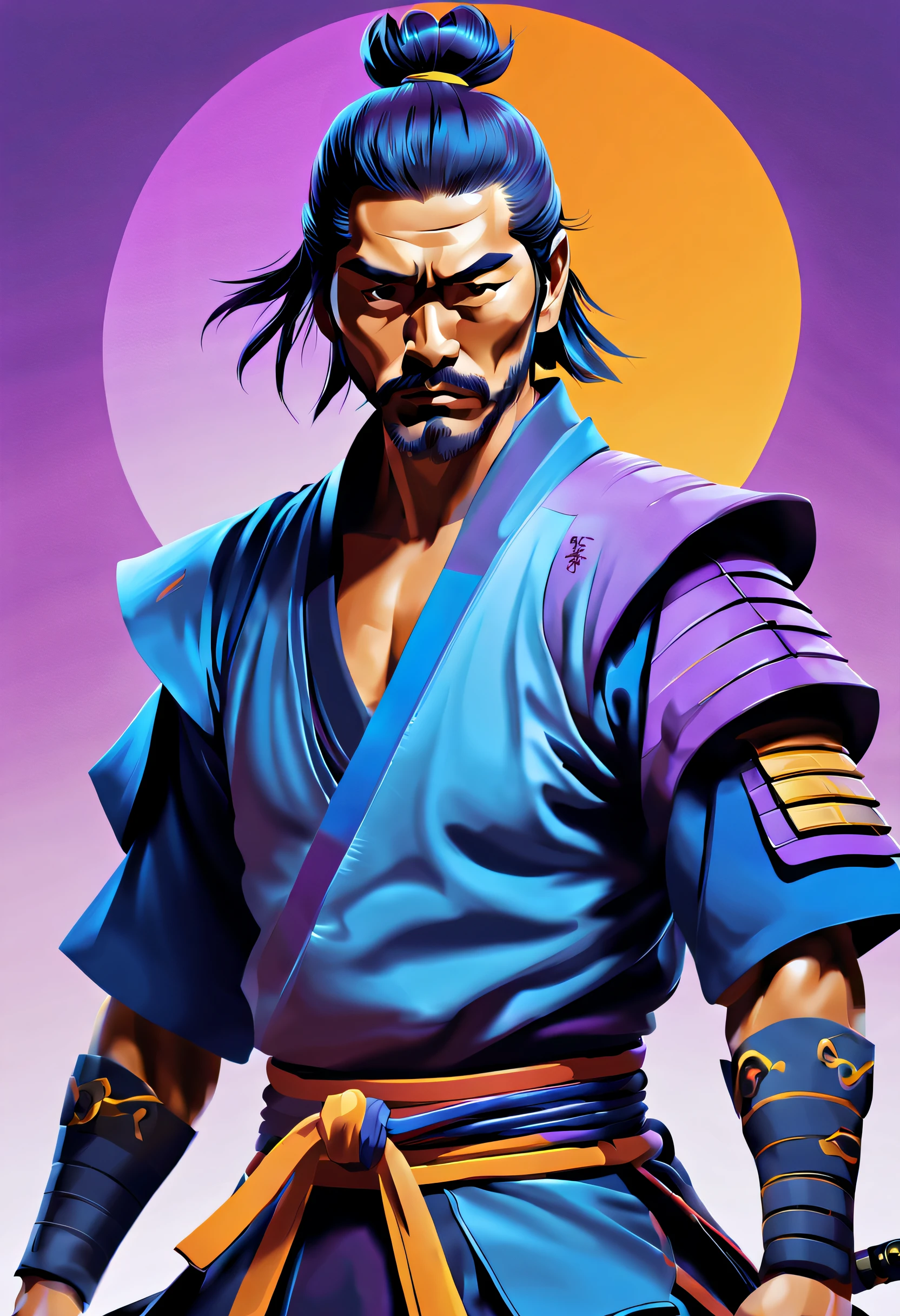 minimalistic, stylized digital painting of a male samurai , multilevel art, vivid colors, blue, yellow, violet, and orange colors, superflat vector style illustration, cinematic lighting. t-shirt design.