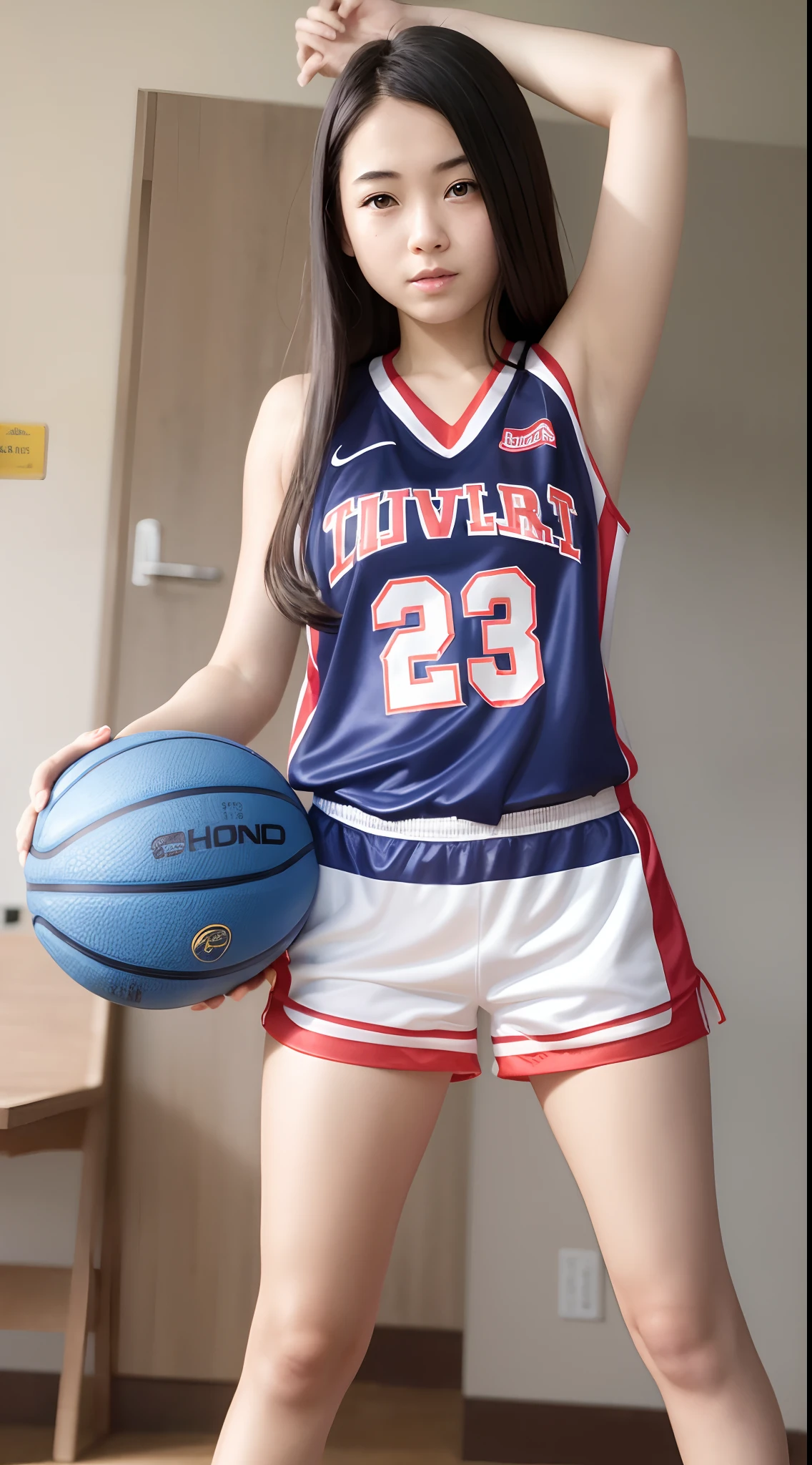(girl wearing jersey number 10)|(1 girl wearing a size 10 shirt:1.5),jump,Violent buckle,(Basketball basket:1.2),perfect muscle lines,The perfect portrayal of sweat distribution,Bright ceilings