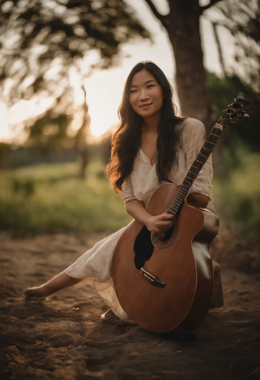 Asian girl with guitar-shaped body, ilhos claros labios escuros, de costas