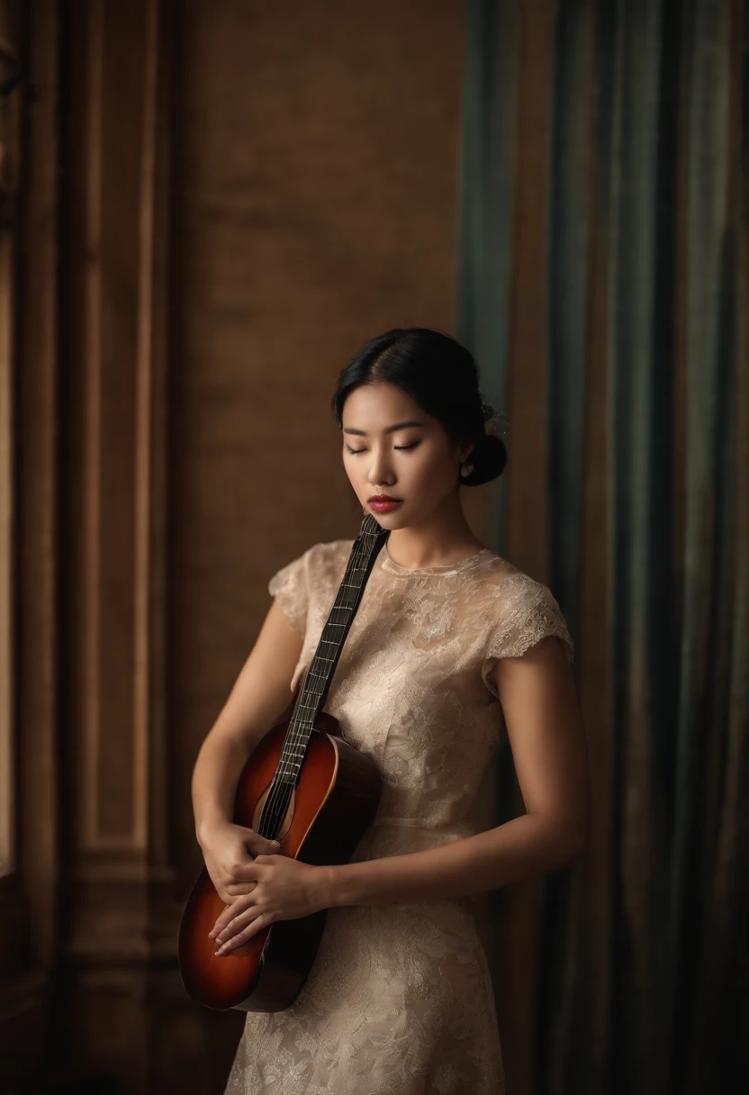 Asian girl with guitar-shaped body, ilhos claros labios escuros, de costas