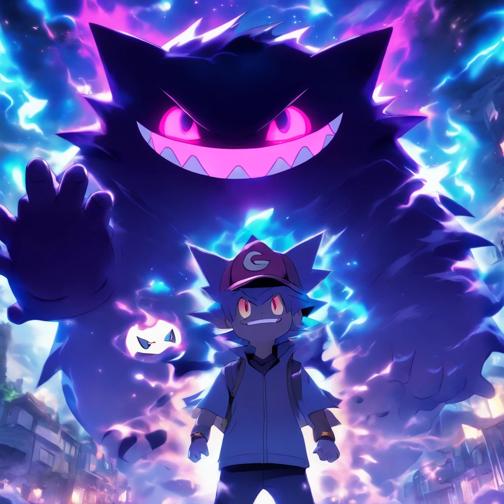 Gengar and Pokémon trainer with ghost hat,Highest image quality,Cinematic texture,A masterpiece,tmasterpiece,