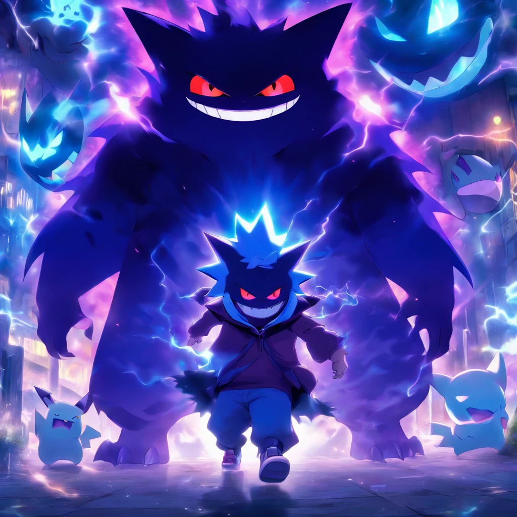 Gengar and Pokémon trainer with ghost hat,Highest image quality,Cinematic texture,A masterpiece,tmasterpiece,