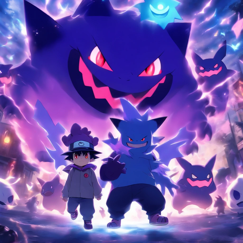 Gengar and Pokémon trainer with ghost hat,Highest image quality,Cinematic texture,A masterpiece,tmasterpiece,