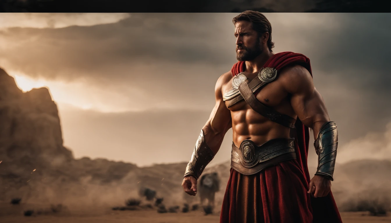 Wide cinematic image of Spartan ,Pose imponente muy musculosa ,Inspirado en caracteres griegos ,Antecedentes detallados ,8k,Super detailed,Inspirado en personajes estoicistas