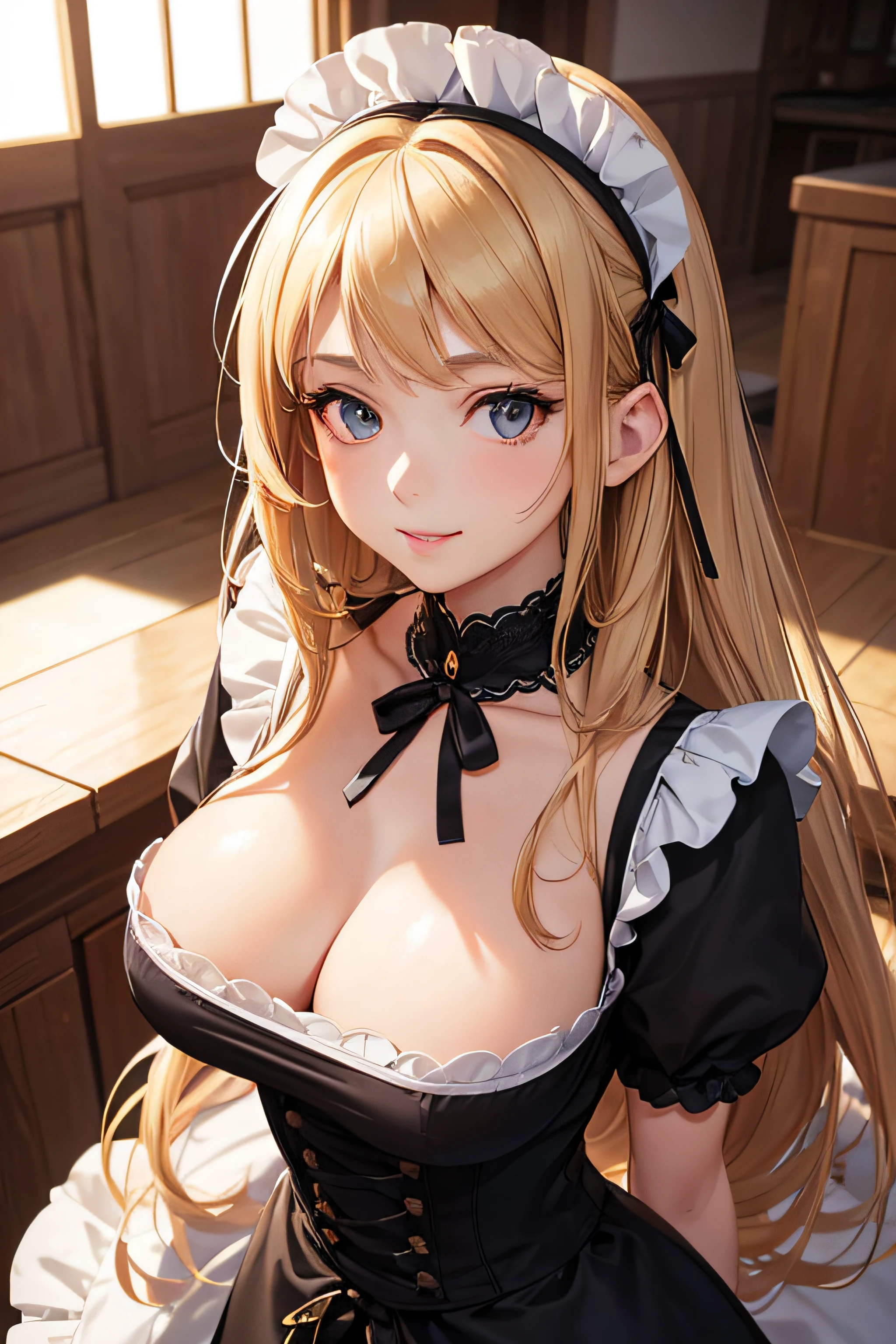 18 year old beautiful girl, big eyes, large breasts, petite and slender, 8K, top quality, (very detailed head: 1.0), (very detailed face: 1.0), (very detailed hair: 1.0), maid clothes, very detailed official artwork, anime moe art style, clean detailed anime art, smile, golden hair, smooth long hair