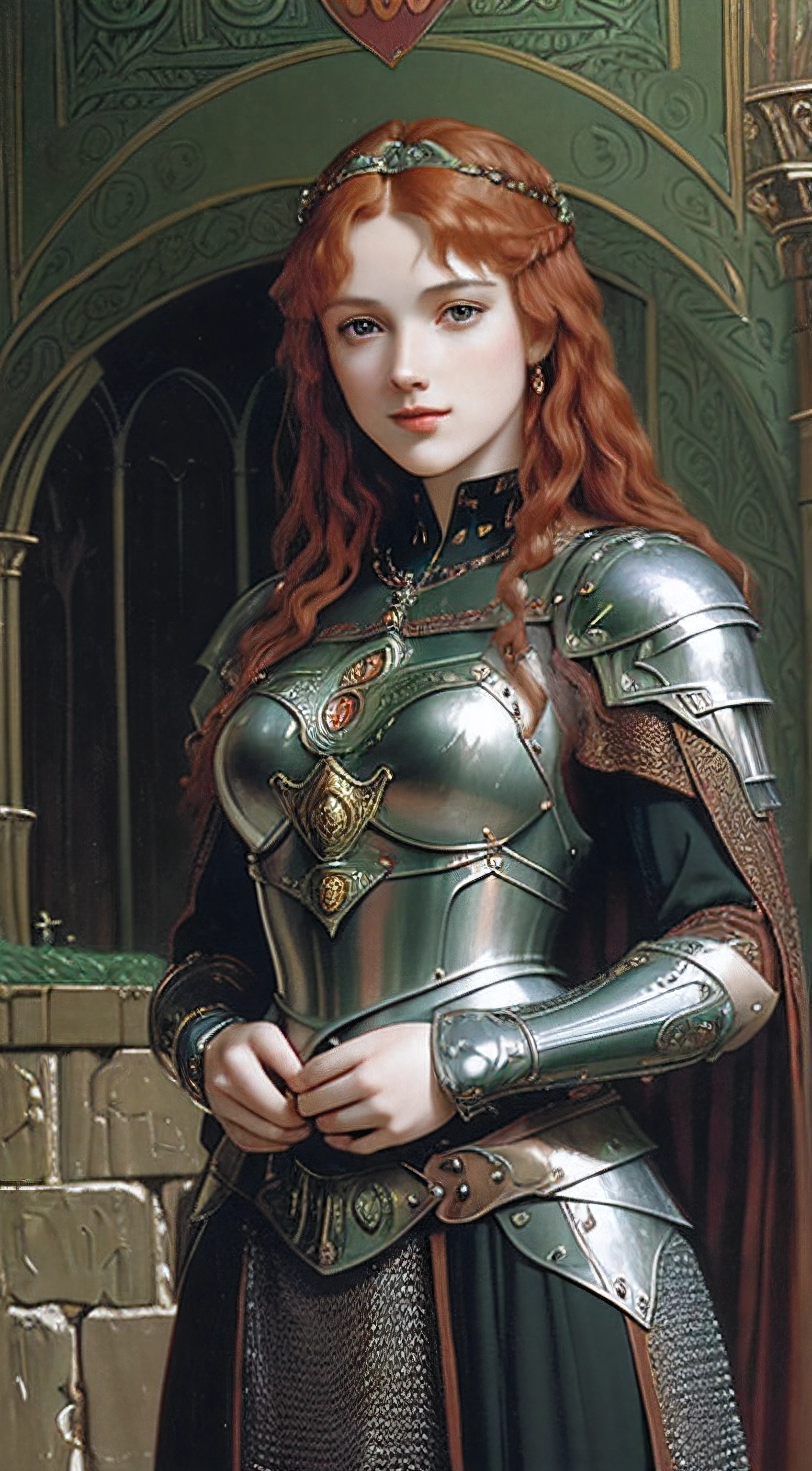 a young redhead and beautiful celtic Irish medieval princess, wearing and armored dress with chainmail and red cape, she has a warm and soft motherly smile, (((90s ultra detailed classic fantasy illustration))), full body portrait, (((pre-raphaelite oil painting by Edmund Leighton))),