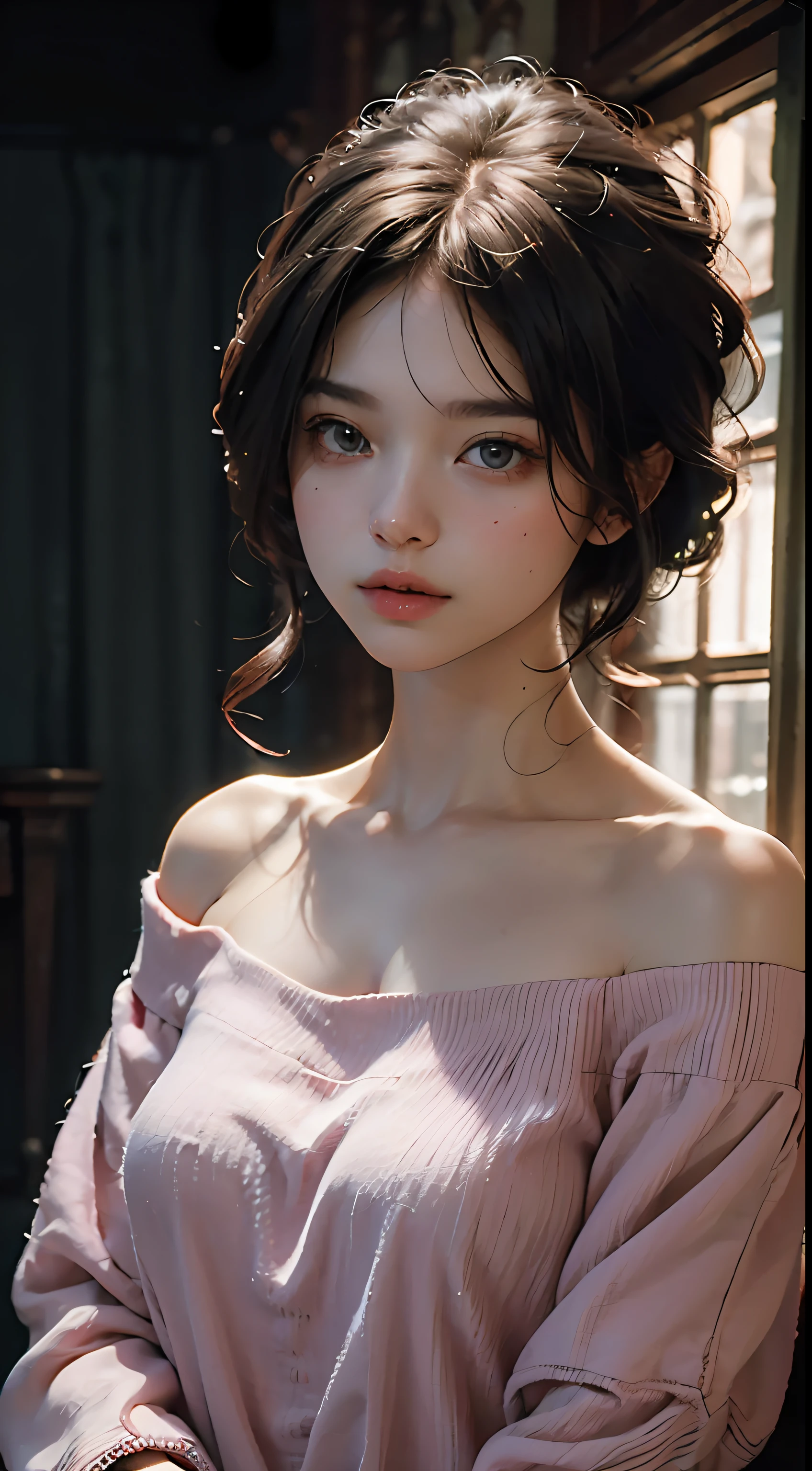 Best Quality, Masterpiece, Ultra High Resolution, (Realisticity: 1.4), Original Photo, 1girl, Pink Off-the-Shoulder, Cinematic Lighting