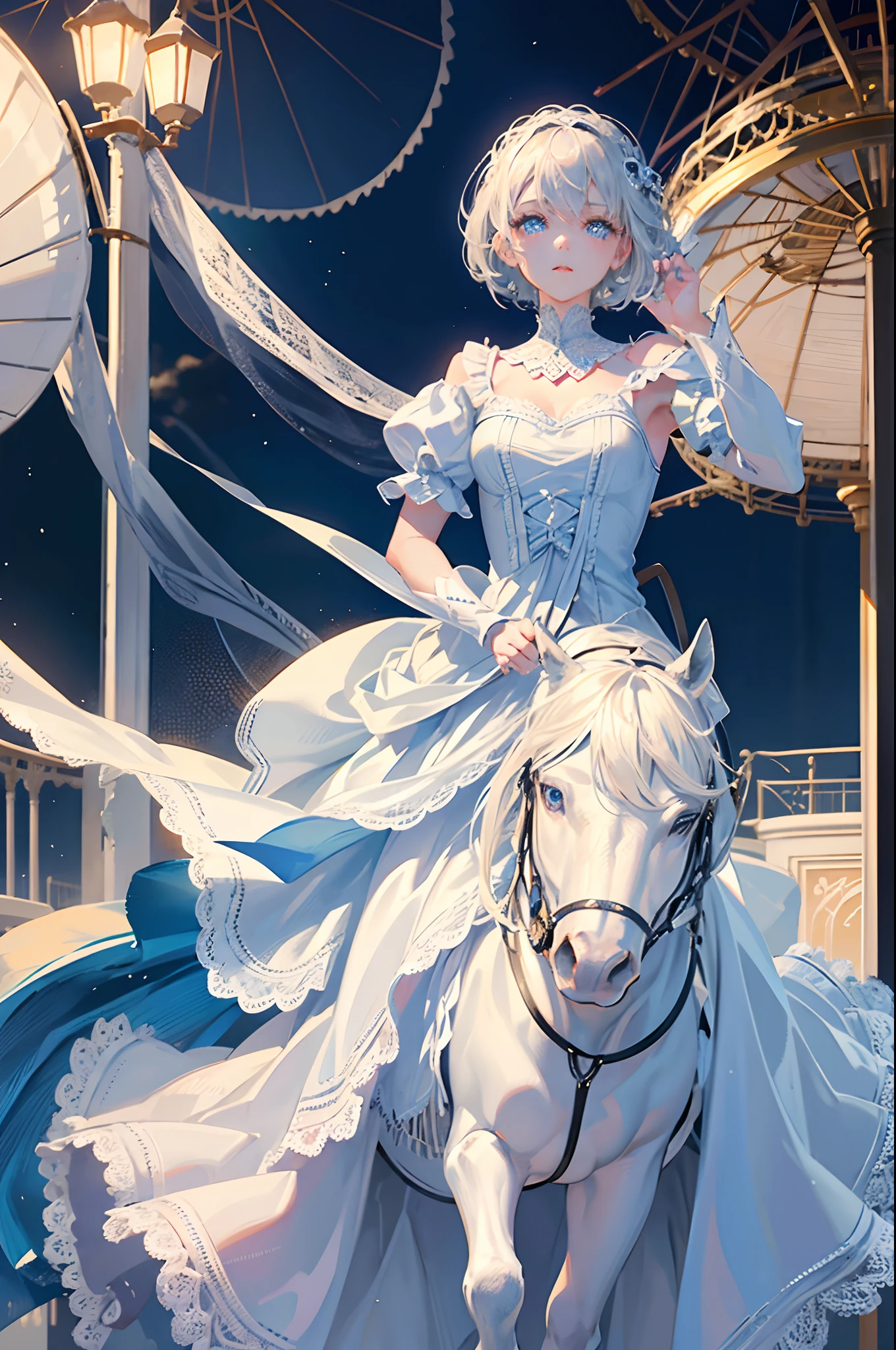 teens girl short silver hair blue eyess White lace dress An amusement park Riding the merry-go-round masterpiece Top image quality Clear cinematic shadow Increased attractiveness of the eyes Clear the shine of the eyes Draw eyelashes neatly Perfect Eye A detailed eye Sharpen image quality Sharpen eye writing Clear eye shape