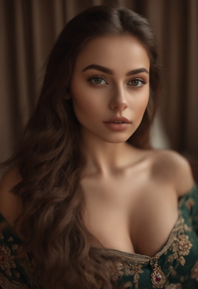 arafed woman fully , sexy girl with brown eyes, ultra realistic, meticulously detailed, portrait sophie mudd, brown hair and large eyes, selfie of a young woman, dubai eyes, without makeup, natural makeup, looking directly at the camera, face with artgram, subtle makeup, stunning full body shot kneeling on bed, in bedroom, large size bust