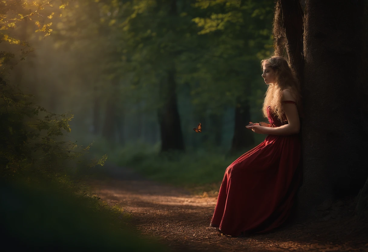 (best quality,4k,8k,highres,masterpiece:1.2),ultra-detailed,(realistic,photorealistic,photo-realistic:1.37),fairy tale,charming girl,enchanted forest,vibrant colors,dazzling sunlight,little red riding hood,wolf,ominous presence,old-fashioned charm,cozy cottage,suspenseful atmosphere,twisted tree branches,flowing cape,mysterious path,golden locks of hair,innocent expression,pure white apron,rosy cheeks,basket of goodies,dappled sunlight,surreal setting,enchanted moment,dark shadows,moonlit sky,butterflies fluttering,whispering leaves,hidden dangers,snow-white teeth,hairpin curves,emotionally charged,ominous howls,moonlit silhouette,ominous eyes,piercing gaze of the wolf,retro-style illustration,vintage fairy tale,forest creatures,curiosity and fear intermingled