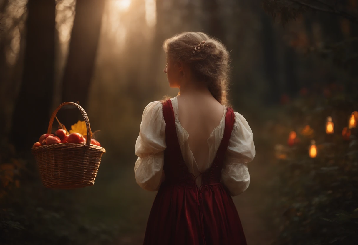 (best quality,4k,8k,highres,masterpiece:1.2),ultra-detailed,(realistic,photorealistic,photo-realistic:1.37),fairy tale,charming girl,enchanted forest,vibrant colors,dazzling sunlight,little red riding hood,wolf,ominous presence,old-fashioned charm,cozy cottage,suspenseful atmosphere,twisted tree branches,flowing cape,mysterious path,golden locks of hair,innocent expression,pure white apron,rosy cheeks,basket of goodies,dappled sunlight,surreal setting,enchanted moment,dark shadows,moonlit sky,butterflies fluttering,whispering leaves,hidden dangers,snow-white teeth,hairpin curves,emotionally charged,ominous howls,moonlit silhouette,ominous eyes,piercing gaze of the wolf,retro-style illustration,vintage fairy tale,forest creatures,curiosity and fear intermingled
