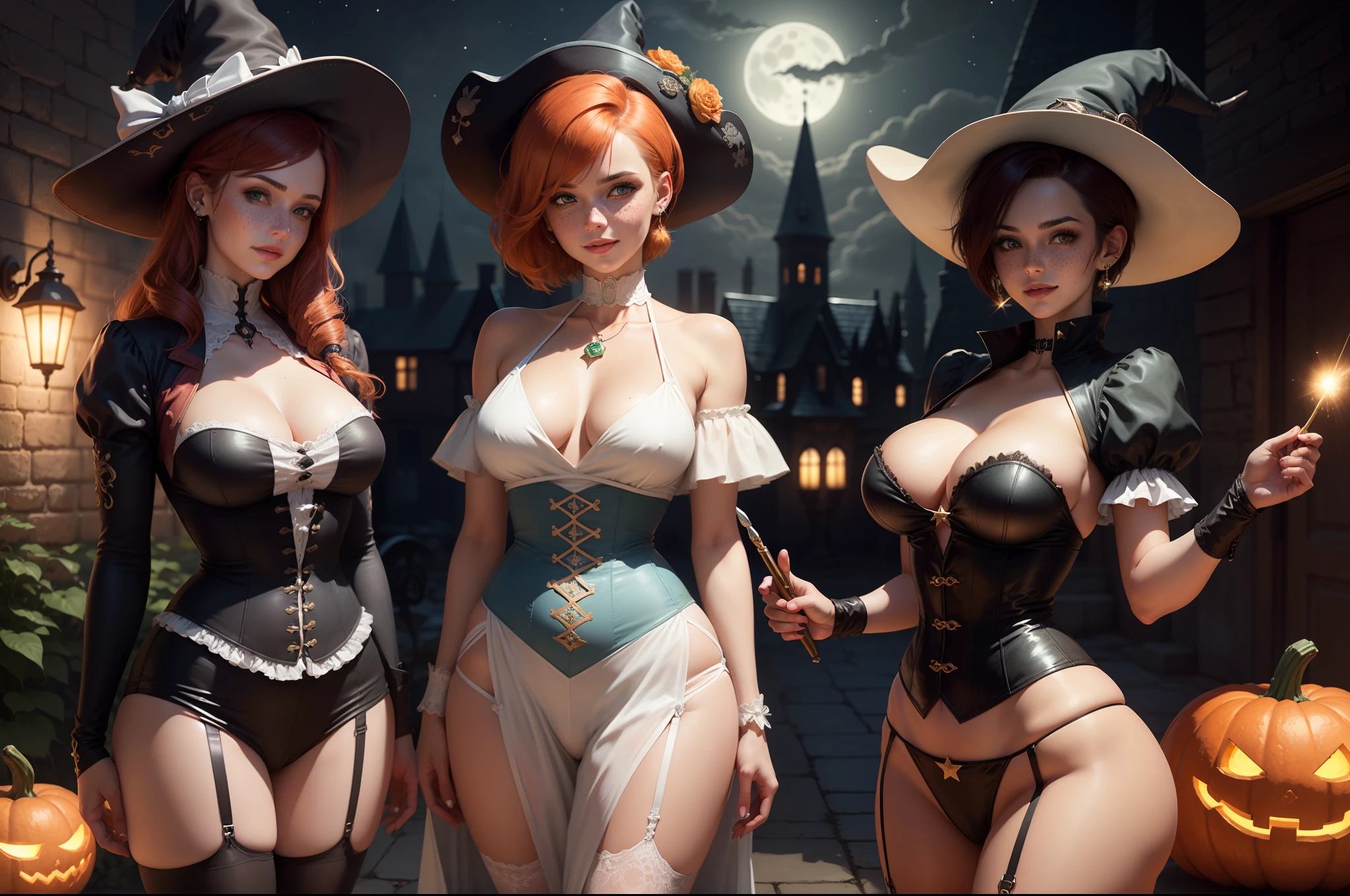 gwen tennyson,tracer,bulma,rebecca chambers,close up,atelier ryza,magic spell,sparkles,magic wand,1girl,blue jumpsuit,moonlight,victorian steampunk skirt,pirate corset,jade neck jewelry,blue witch hat,short hair,star earrings,night gown,garter belt,pumpkin village,witch castle,gothic makeup,green eyes,orange hair,shy smile,freckles,redhead,beautiful girl, large breasts,ultra detailed,realistic, fantasy art,