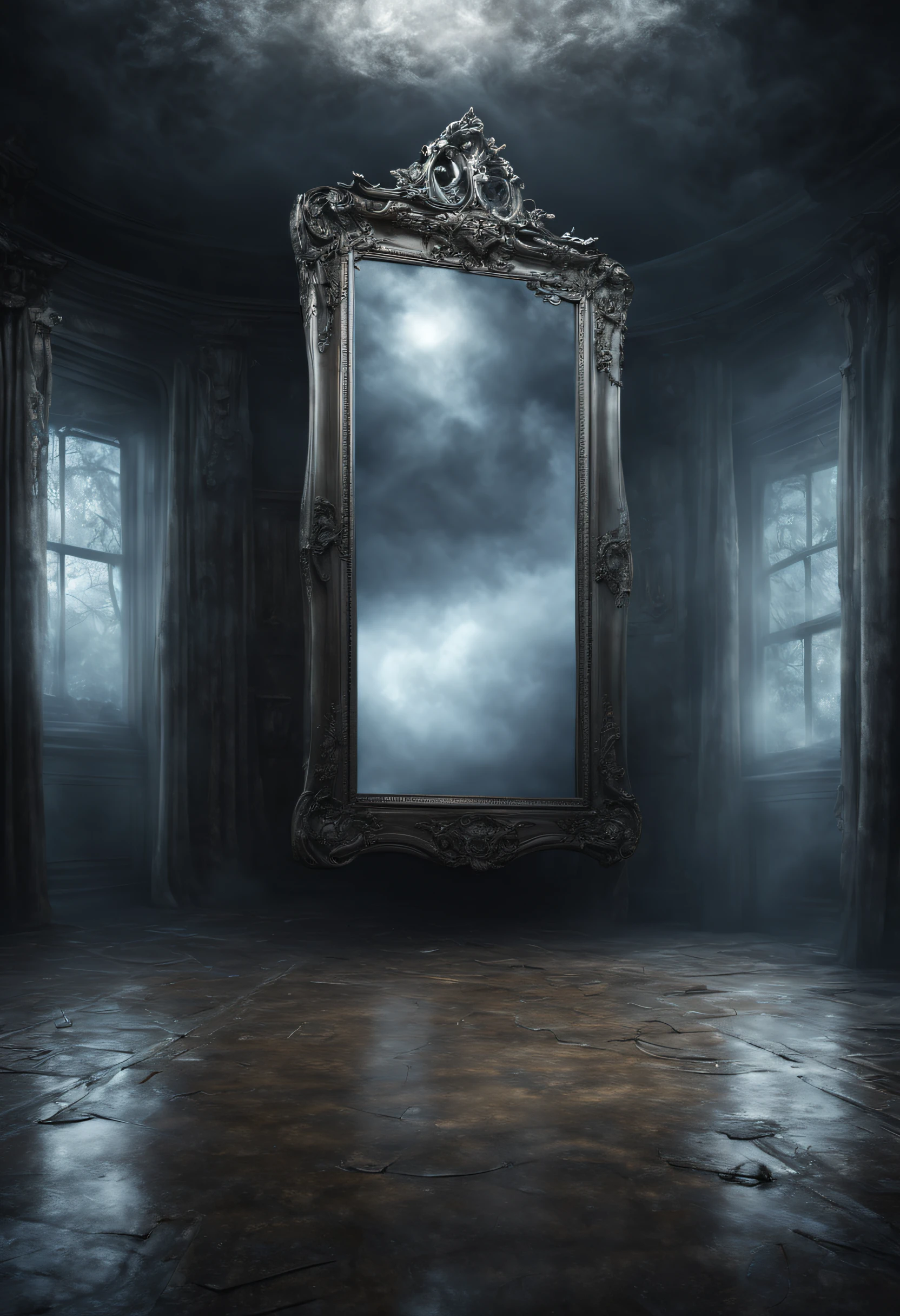 masterpiece, ultra realistic, a very big silver mirror in a empty room, magical mirror with fog inside, no reflection inside the mirror besides darkness and fog, no other elements inside the mirror, big magical silver mirror, the background its a very low lit attic room with other covered furnitures around it, a very old lightless mirror, no other elements besides the mirror, magical mirror with just fog and darkness inside, thriller piece, book cover, fantasy book cover type of art, dark fantasy art