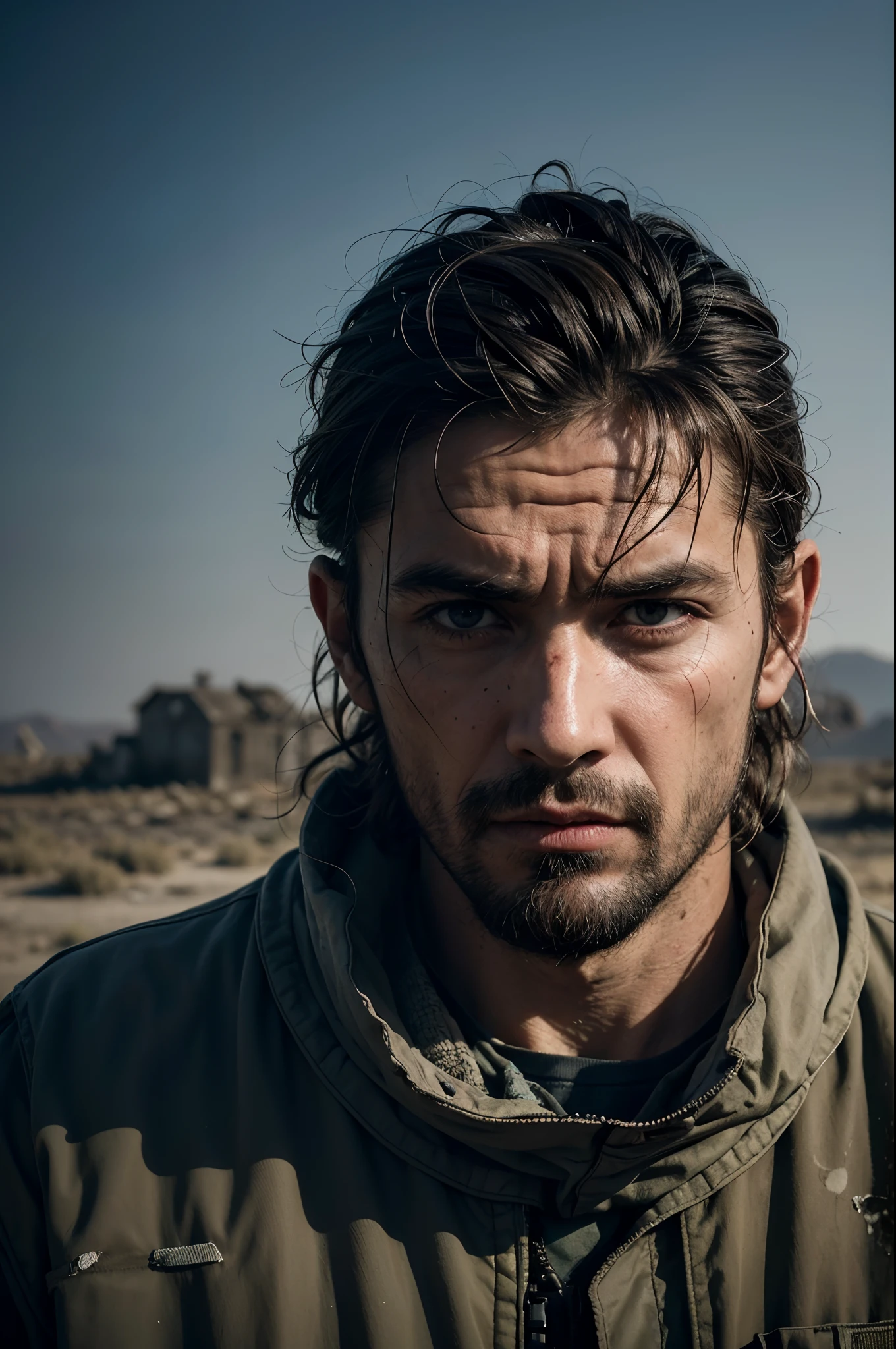 best quality,ultra-detailed,realistic,portrait,desolate wasteland,lonely mercenary,survival gear,dusty atmosphere,harsh sunlight,tattered clothing,misfit wanderer,barren landscape,mysterious past,abandoned buildings,dangerous journey,survival instincts,gritty realism,ominous atmosphere,post-apocalyptic,grungy aesthetic,weathered face,tough expression,strategic mindset,surviving against all odds,isolated existence,battle scars,weary eyes,dystopian setting,unforgiving environment,uncharted territories,faded memories,rough terrain,ruined civilization,adversity and resilience,eerie silence,uncertain future,rugged appearance,tactical expertise,desperation and hope,uncivilized world,unpredictable encounters,decayed infrastructure,secluded hideout,lone wolf,foresight and adaptability,hardened soul