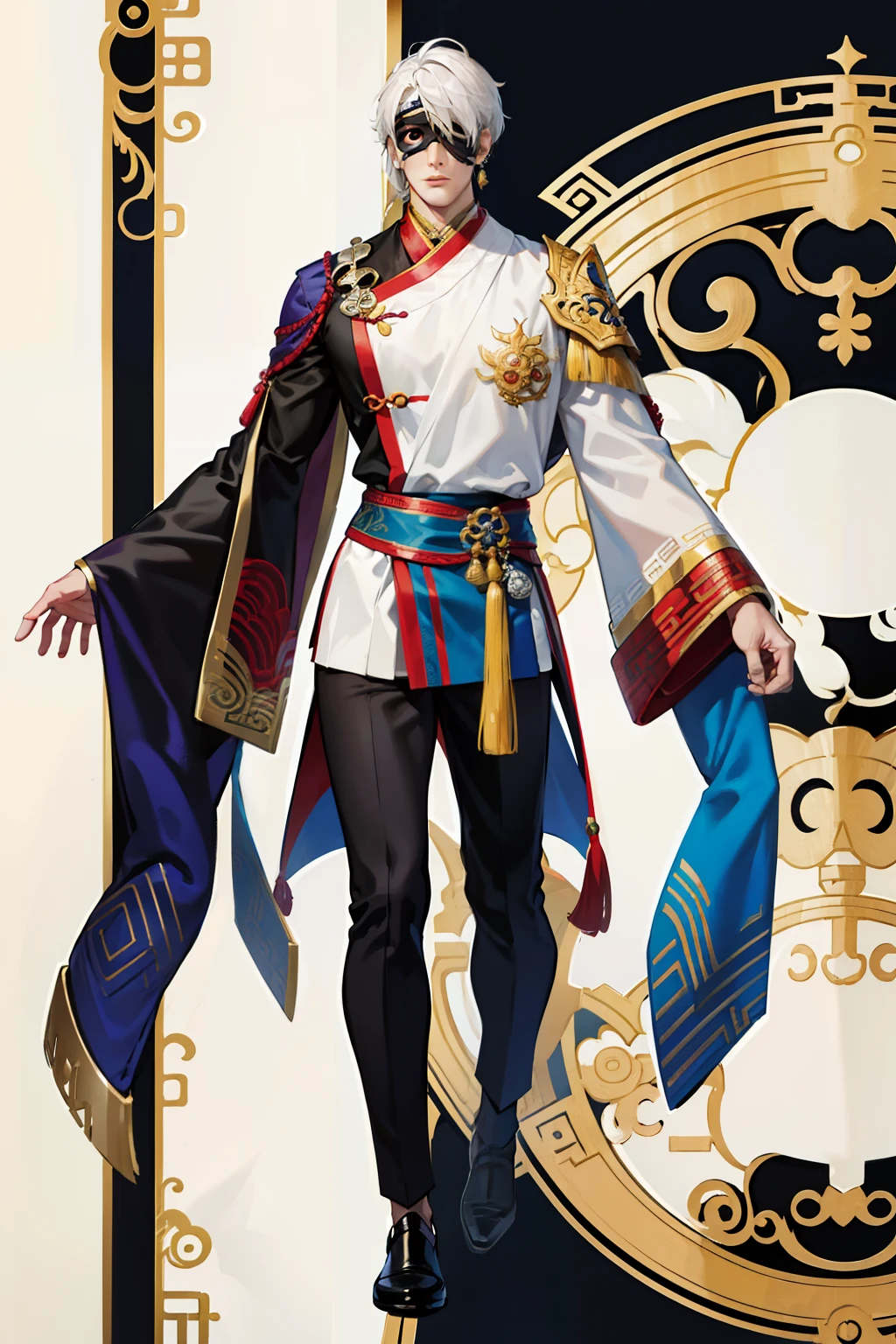 dark skin man, male, black eyes, white hair, long hair, anime style, 4k image, full body, holographic background, Character sheet, Handsome male. Perfect face, 6 ft 5 tall man. White hair. Short hair. Grey eyes. Eyepatch. Earrings. Toned body. Muscular male, character design sheet,full bodyesbian, Full of details, body front view, body back view, Full body, front and back view, muscle body, Traditional chinese clothes. Genshin Impact. Hydro vision. Bulge in pants. Liyue, ((Masterpiece, Highest quality)), Detailed face, character design sheet, full bodyesbian, Full of details, frontal body view, back body view, Highly detailed, Depth, Many parts,
