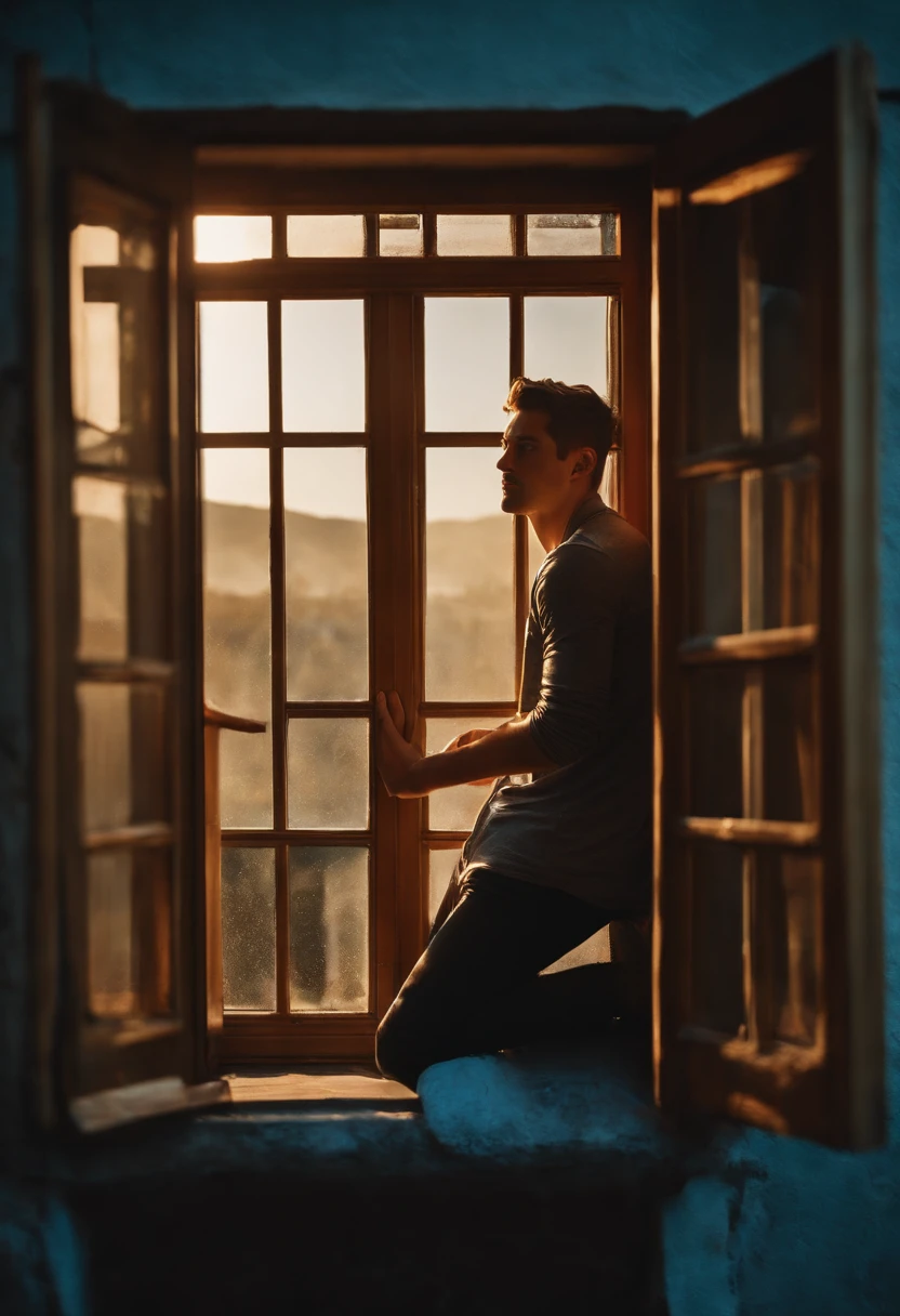 Man 25 years old sitting on a window