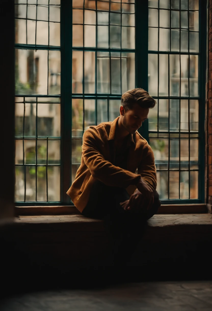 Man 25 years old sitting on a window