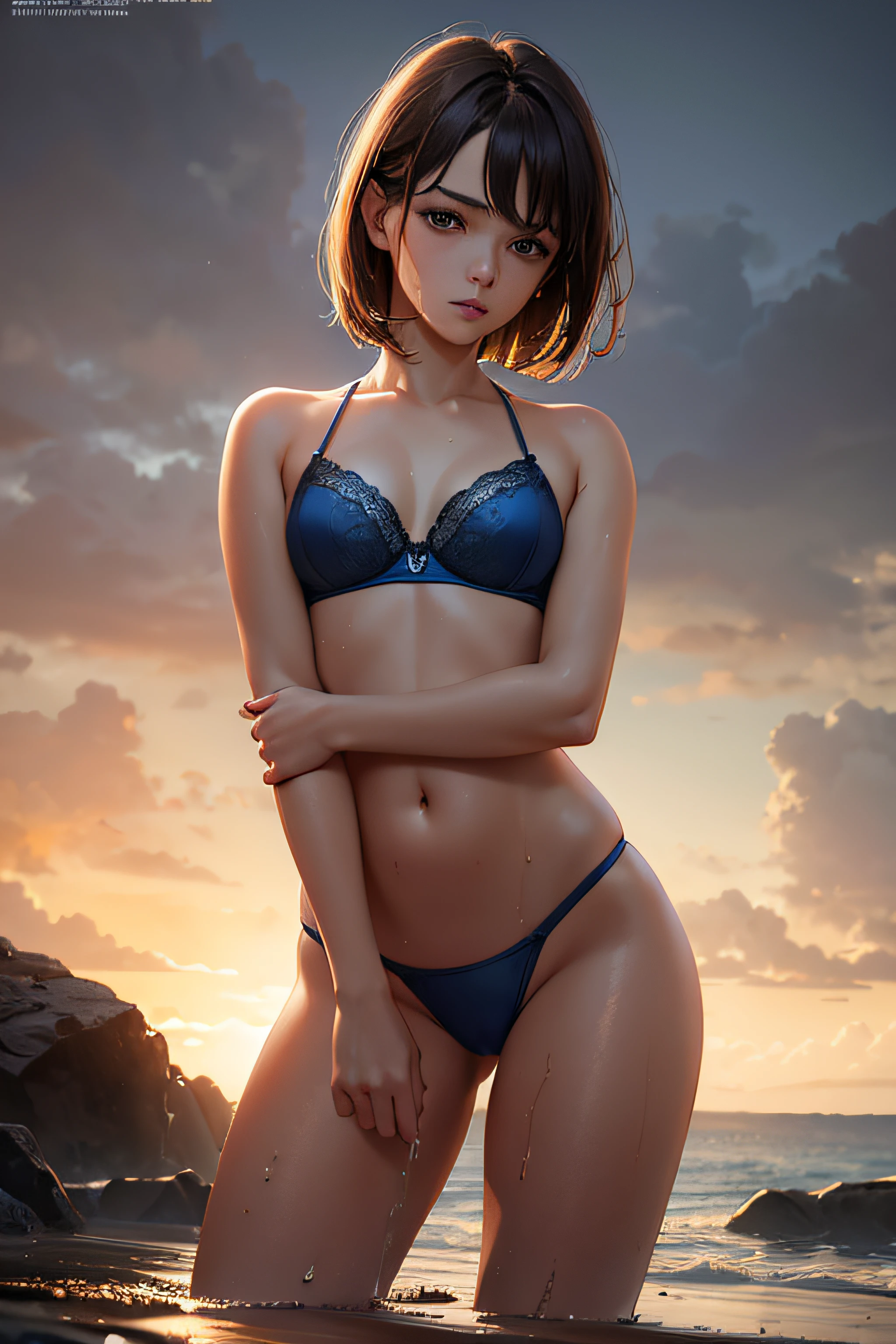 Top Quality, Masterpiece, Ultra High Resolution, (Photorealistic: 1.4), Raw Photo, 1 Girl, Light Brown Hair, Bob Hair, Glossy Skin, WET BODY, Dramatic Lighting, Full Body,, Blue Bra, Blue T-Back, Small,  Woman, Masterpiece, Slouching Pose