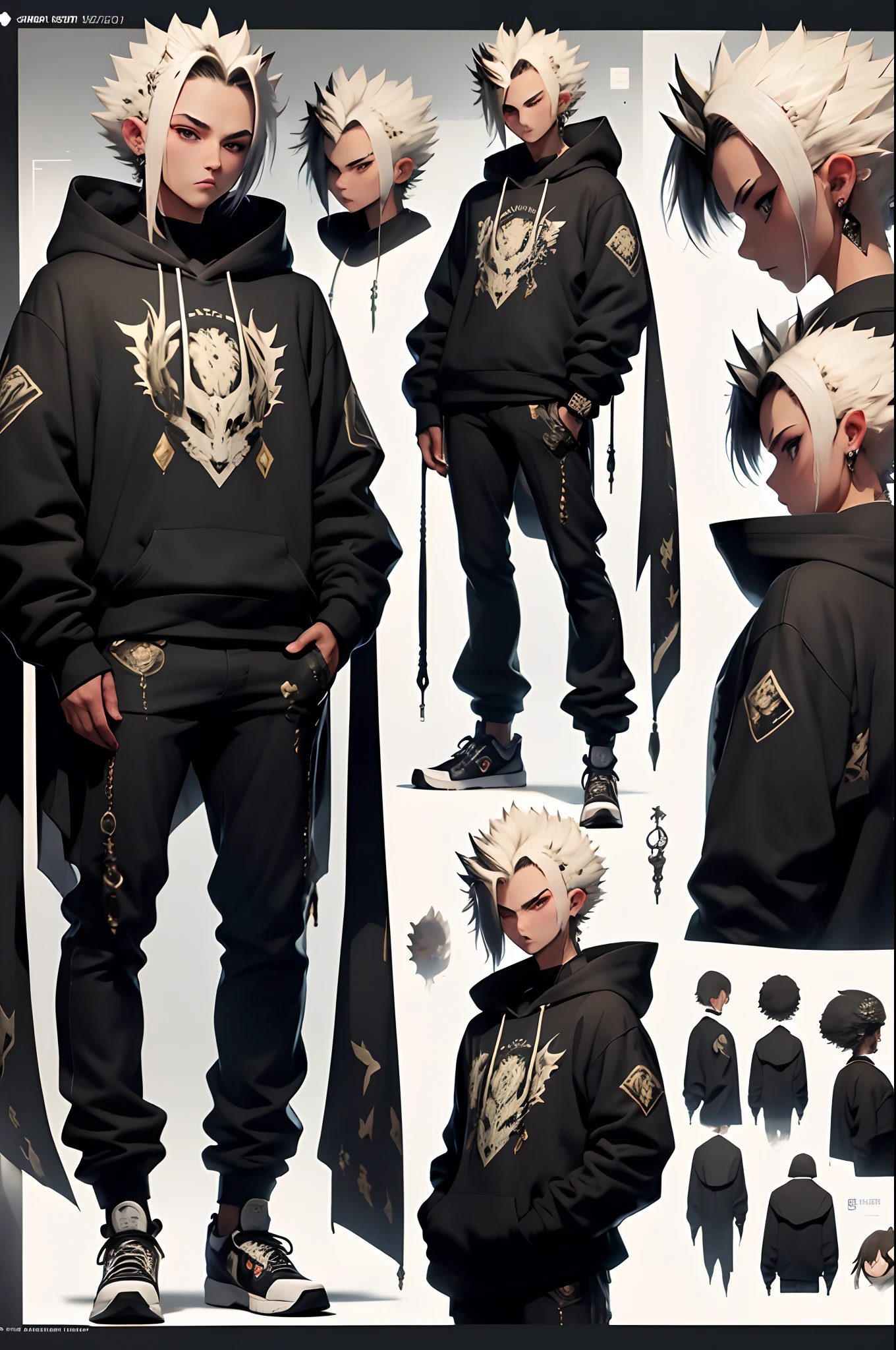 1 HOMBRE, con sudadera negra y pantalones anchos, (Fantasy character sheet, cabeza, derriere, lado, Trasero), enano, corpulento, cara delicada,con gorra en su cabeza. ojos marrones profundos, cabellonegro corto estilo wlof cut. Wise and resilient expression. (Pieza maestra: 1.2), (La mejor calidad: 1.3).((highest qualityr)), ((Obra maestra)), ((Ultra-dealtoado)),(Fondo de panaltoa de 8k:1.2),(Ultra-high resolution:1.2),(Obra maestra:1.1),papel tapiz,alta calidad,(Alto Dealtoé),(absurdos, Altas Resoluciones, Ultra dealtoado),( La mejor calidad:1.2),anime,delgado,alto, character design,un hombre, con detalles de un rathalos de monster hunter, rodillera,pantalones bombachos grises, Cyberpunk style sweatshirt and many details Character design for a gacha game, Character design for a game,pelo corto y tupido, Arte absolutamente impresionante,fondo blanco, Fondo simple, extremadamente detallado, highest quality digital art, highest resolution, Calidad HD, Fondo de panaltoa 8K