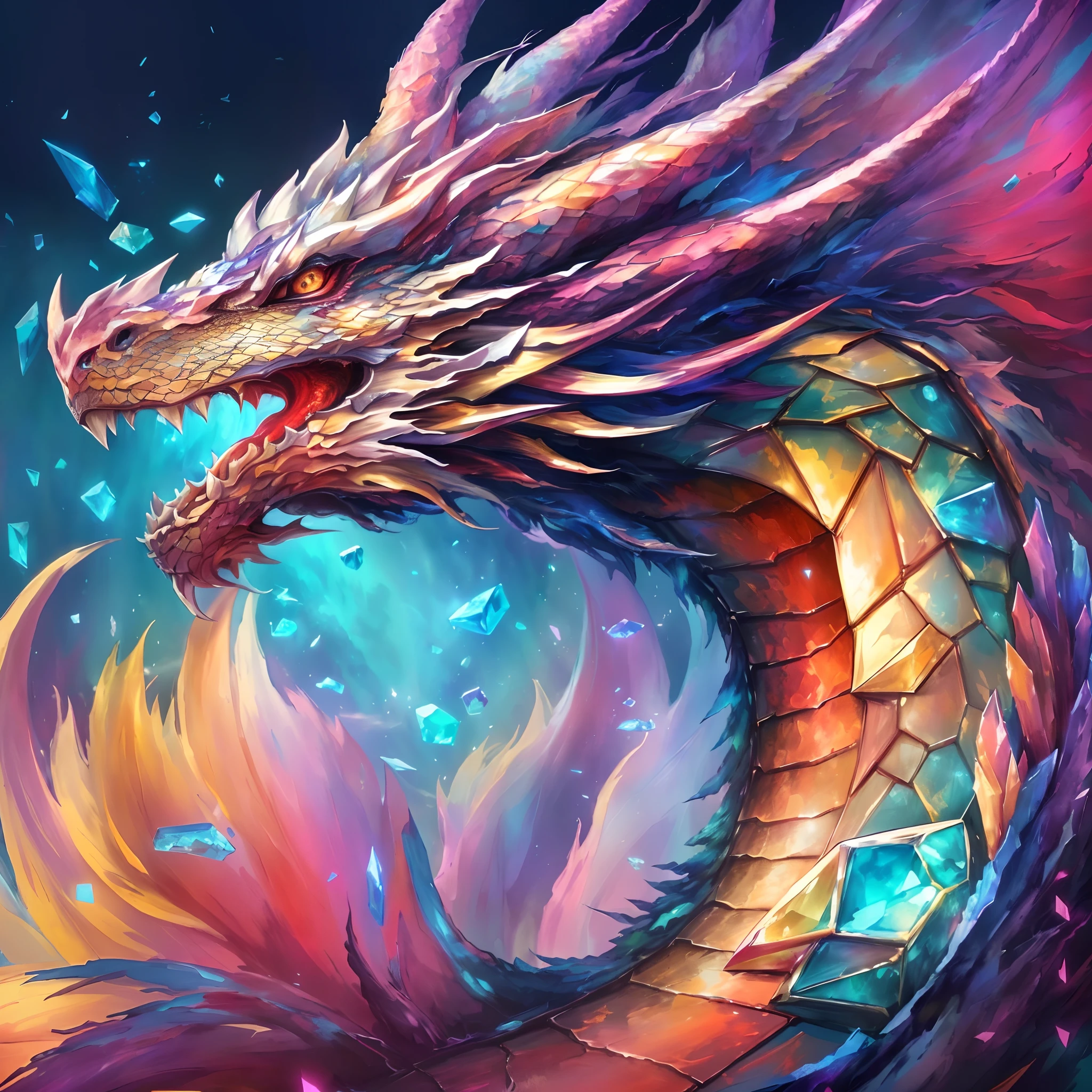 a painting of a dragon with a colorful tail and a long tail, dragon art, crystal dragon, dragon portrait, oil painting of dragon, colossal dragon as background, furry fluffy iridescent dragon, cyborg dragon portrait, 4k detailed digital art, detailed painting 4 k, portrait of a dragon, epic dragon, legendary dragon, dragon mawshot art