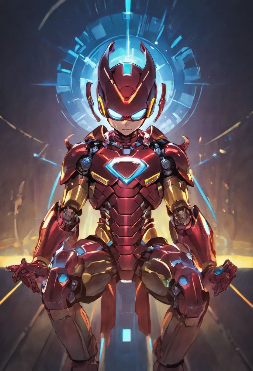 Mickey wearing a ironman suite, blue light