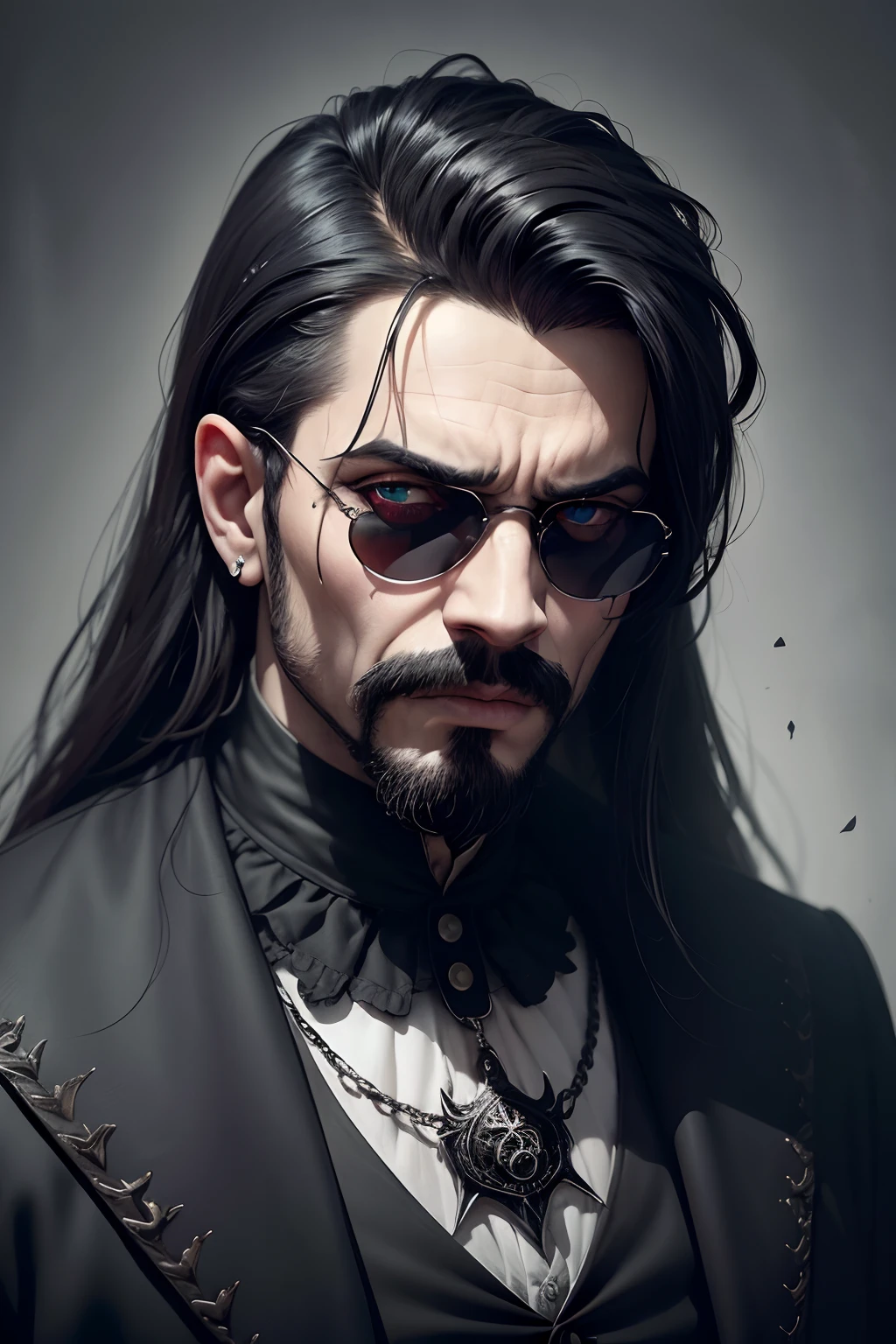 a drawing,A man looks at the camera,With a serious expression on his face,A handsome man's face was revealed in the middle of countless roses,Eyebrows are clear,There was a cold look in his melancholy eyes,There are teardrops in the corners of the eyes,Delicate skin,With a beard,Large ears,hair messy,The face has a faint blush,The lips are slightly open and bloody,Holding a black rose in his hand,Expose the chest,Blood stains on fingernails,The atmosphere is mysterious,The face is clear,Full of detail,localized light,Aperture dispersion,Oil painting feeling,Advertising hard photo style,High contrast between light and dark,Magazine cover design。