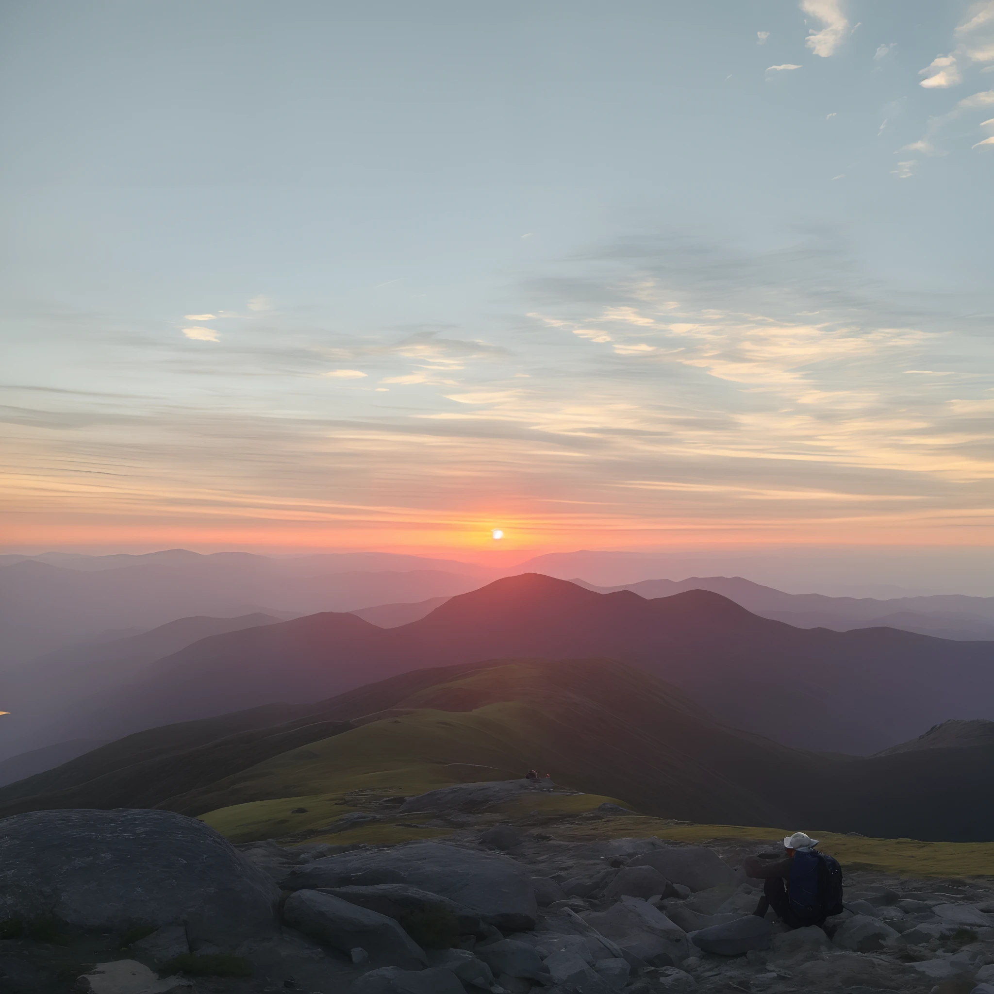 There was a man sitting on a mountain with a backpack on his back, sun is in the top, sun rises between two mountains, mountains and sunset!!, mountain sunrise, At sunrise, during sunrise, Morning sunrise, late sunset, Early morning sunrise, The sun is setting, beautiful sunrise, mountains and colorful sunset!!, late sunset, sunset sunrise, at a beautiful sunset