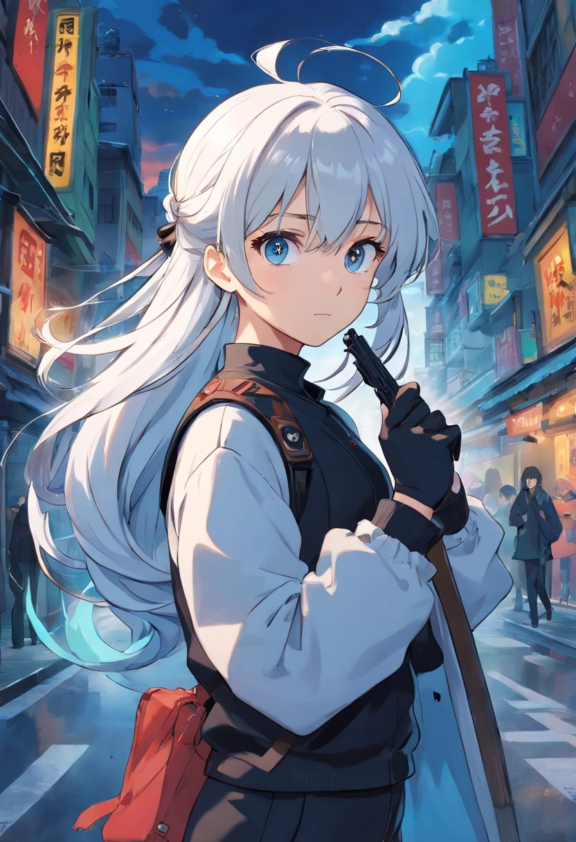 A young woman of  with white hair with black details like ponytail black eyes a white apocalypse style blouse with black coat a long gray pants with a tired and angry look a relaxed posture holding a white pistol with light blue details with ice power, uma cicatriz no rosto em baixo dos olhos