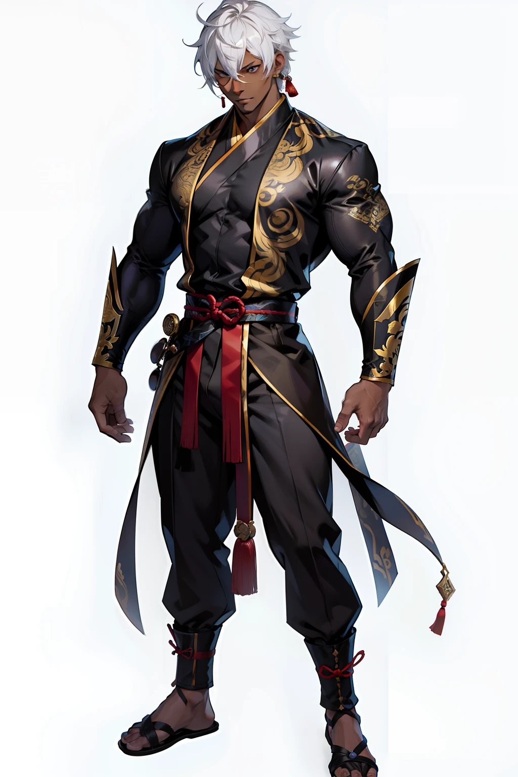 dark skin man, male, black eyes, white hair, long hair, anime style, 4k image, full body, holographic background, Character sheet, Handsome male. Perfect face, 6 ft 5 tall man. White hair. Short hair. Grey eyes. Eyepatch. Earrings. Toned body. Muscular male, character design sheet,full bodyesbian, Full of details, body front view, body back view, Full body, front and back view, muscle body, Traditional chinese clothes. Genshin Impact. Hydro vision. Bulge in pants. Liyue, ((Masterpiece, Highest quality)), Detailed face, character design sheet, full bodyesbian, Full of details, frontal body view, back body view, Highly detailed, Depth, Many parts,