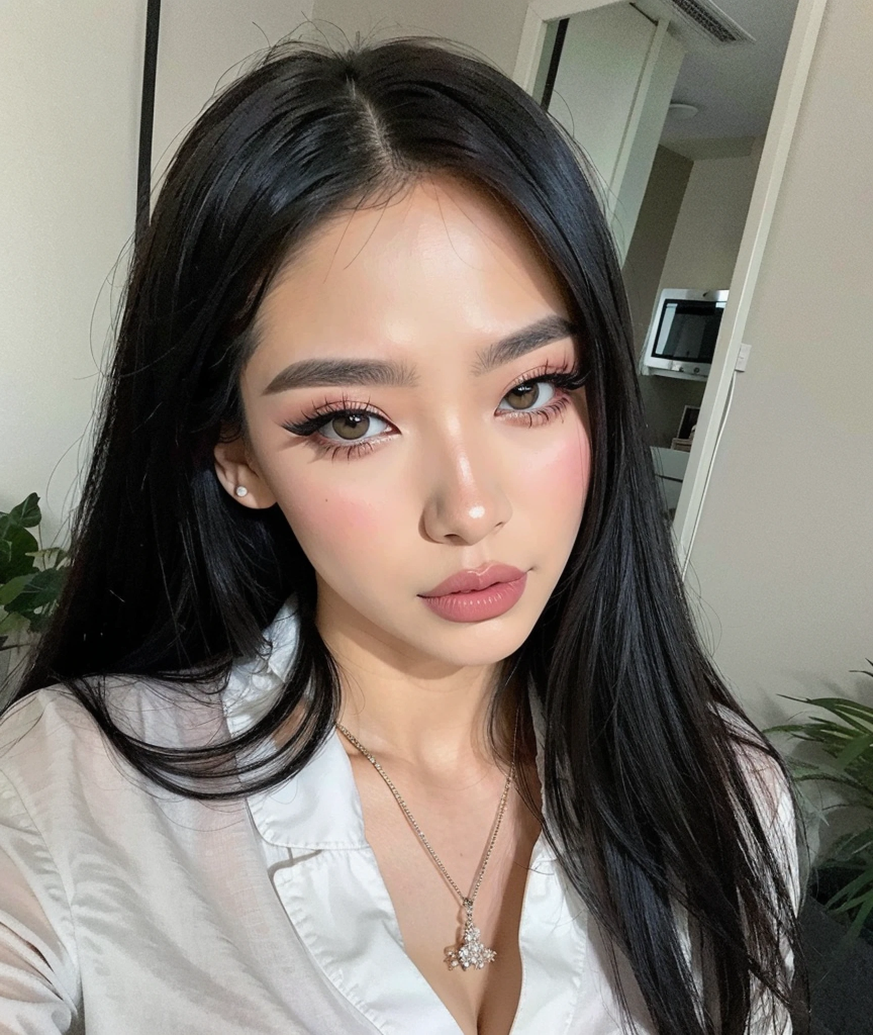 Hay una mujer con cabello largo y negro con una camisa blanca, maquillaje popular de Corea del Sur, Labios claros y de alta calidad, cruel korean goth girl, ulzzang, maquillaje coreano popular, Cara sexy con maquillaje completo, Hermosa mujer surcoreana, Hermosa joven coreana, Chica coreana, Beautiful aesthetic face, cabello negro y ojos grandes, chica linda-fina-cara