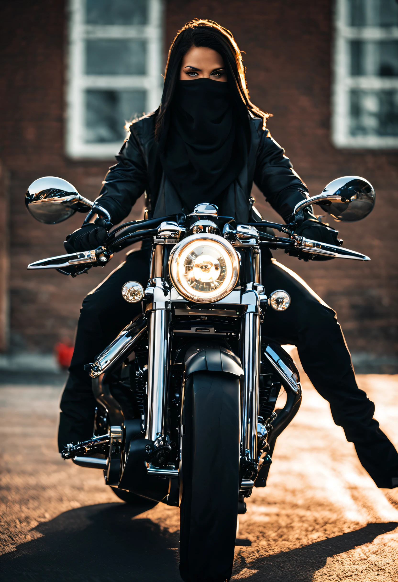 A beautiful female ninja, in a black hood, with a katana on her back, riding on a Boss Hoss V12, the world's most powerful motorcycle. Boss Hoss V12 may not be suitable for everyday riding or practical use, it represents the pinnacle of power and performance in the motorcycle world. For those seeking the ultimate riding experience and a machine that stands out from the crowd, the Boss Hoss V12 is a true masterpiece of engineering and design. Atmosphere of power and dynamism. At night, with sparse city lights.