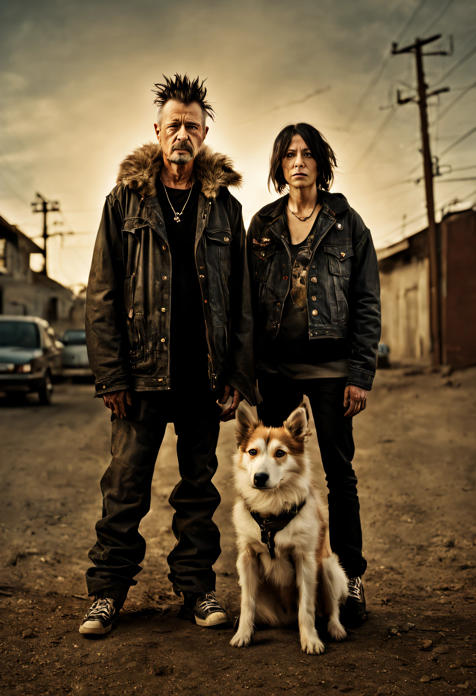 ((warped distortions, conceptual photography, individuals and abstract forms in tandem)), a couple of punk homeless standing with a dog, ((Todd Hido style)), stark minimalism, backlit lighting, warm color tones, pointofview, futurism, mixed media, sharp details, shot on Hasselblad H6D400c with prime lens, rhythm, harmony, symmetry, saturation, sharpness, timelapse, HDR photography, Masterpiece, good composition, best quality, 8K, high res, ultra-detailed, cinematic look