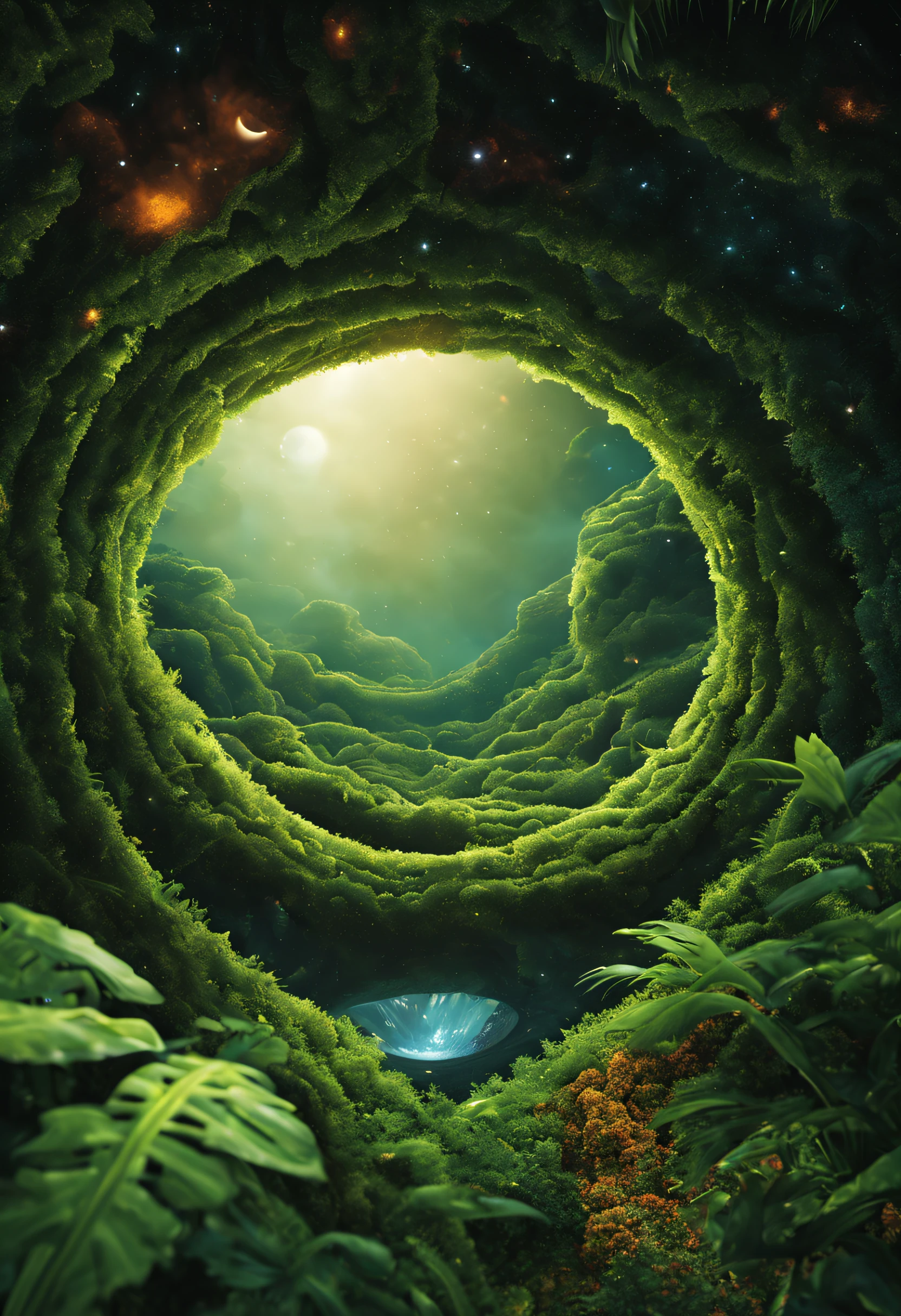 a wormhole leading to another, alien world with an alien jungle