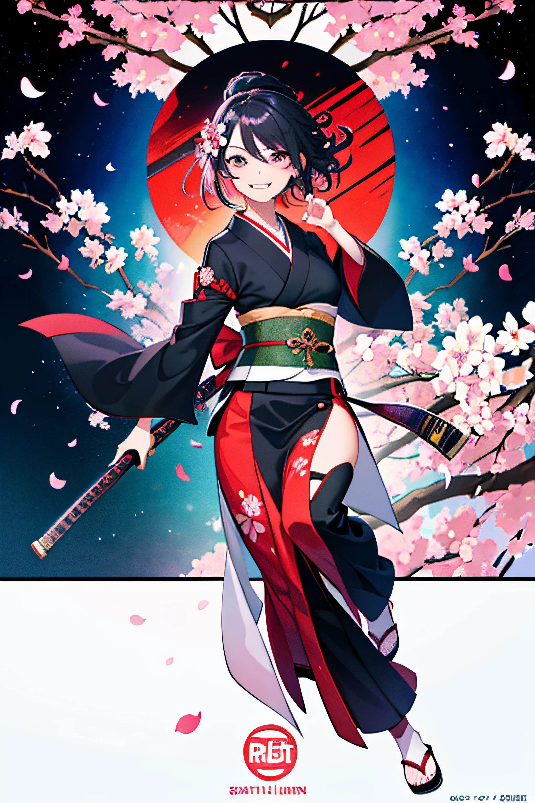 masterpiece, best quality, full body,
highly detailed, sexy female ronin, samurai, cherry blossom flowers border, japanese tattoos, katana, japan, night, moonlight, vector style art, erotic, movie poster style, lettering.eyebrows visible through hair, gradient hair, grin, sky, cherry blossoms, petals,illustration, (movie poster:1.3), (cover-style:1.3), fashionable, woman, vibrant, outfit, posing, front, colorful, dynamic, background, elements, confident, expression, holding, statement, accessory, majestic, coiled, around, touch, scene, text, cover, bold, attention-grabbing, title, stylish, font, catchy, headline, larger, striking,