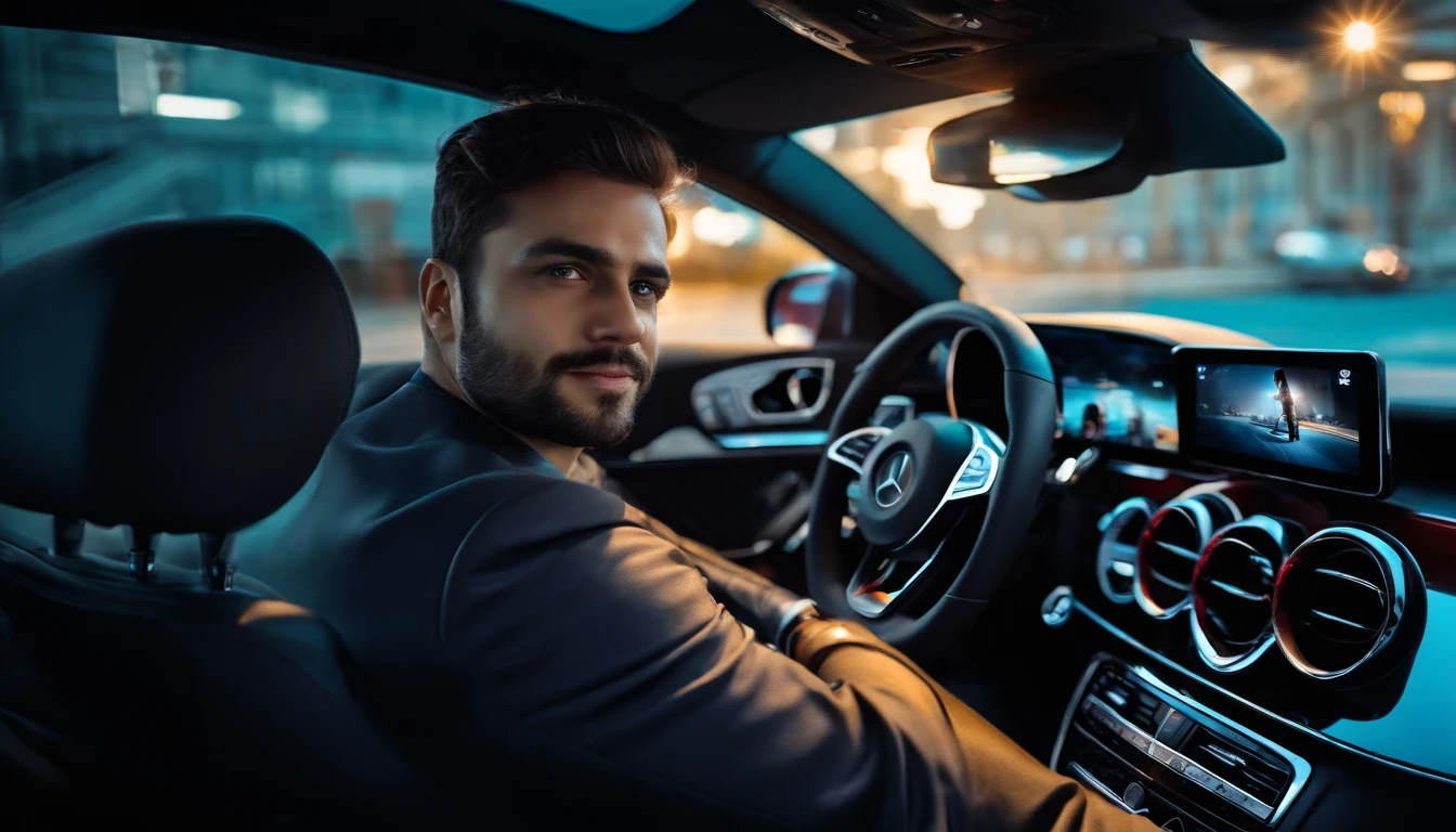realistic selfie of a 20 years men inside mercedes classe a with blue led , picture held by hand's man in conductor seat