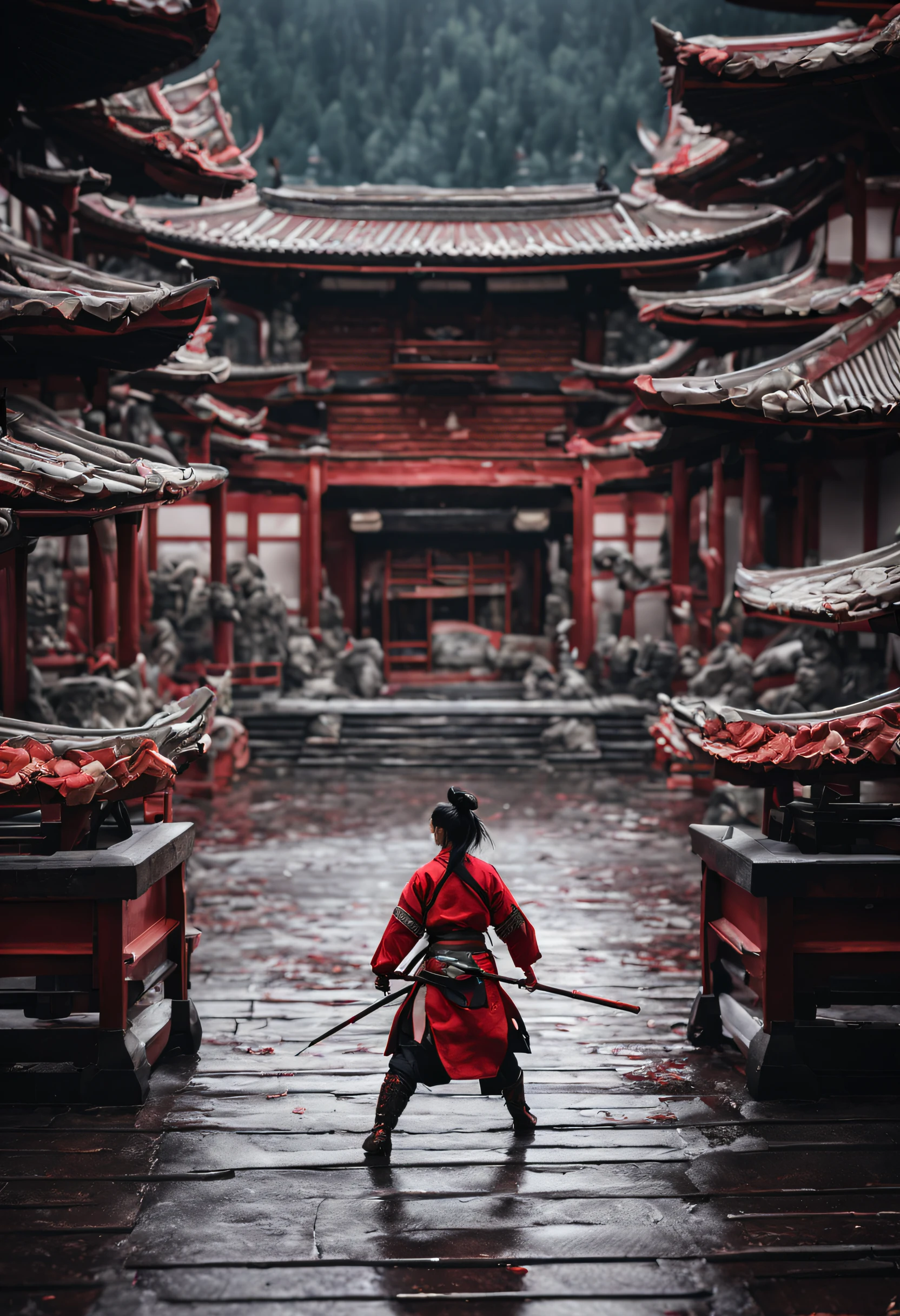 an ultra realistic wide angle epic full body battle shot of Mulan, intricate details, wearing a highly ultra realistic intricate detailed stunning red Samurai costume, ultra detailed sword, smooth edges and curves, surrounded by warriors, war battleground, dark, gothic, Old Japanese architecture palace buildings, photorealistic, cinematic, centered, wet ground, symmetrical volumetric lighting, ambient occlusion, unreal engine, photographed by Akira Kurosawa, inspired by Ran movie, bokeh, particles, ultra detail