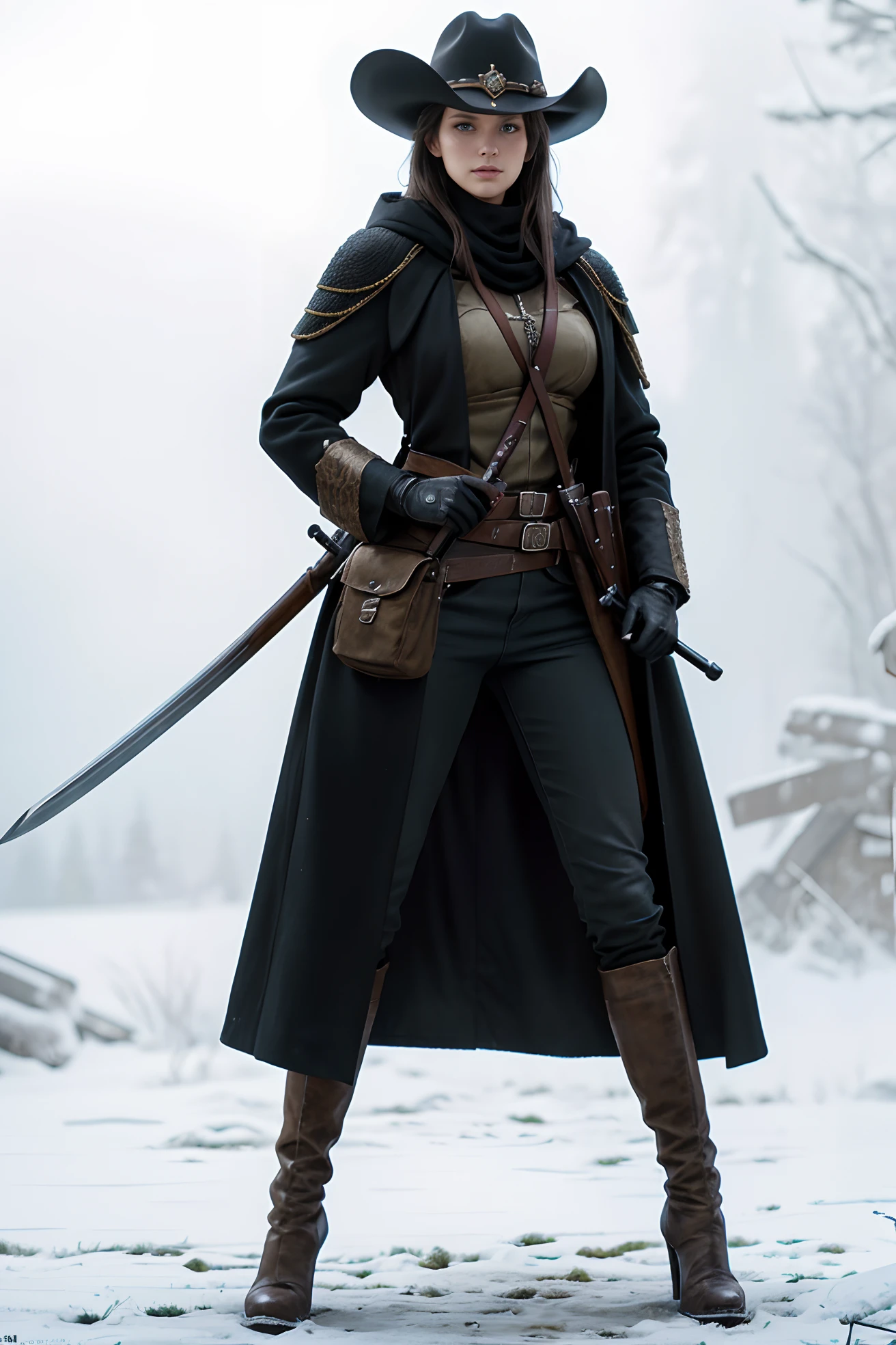 A country Caucasian woman in a long black coat and hat holding a rifle gun over shoulder, exact same gun, with a medieval sword on her right side hip, rpg concept art character, female medieval fantasy bounty hunter, western concept art, rpg character concept art, fashionable rpg clothing, female ranger medieval captain, rpg character art, rpg portrait full body, female lead character, beautiful full body concept art, (realistic, photo-realistic:1.37), (insanely detailed:1.3), 8k, (masterpiece), (best quality:1.4), (ultra high res:1.2), (RAW photo:1.2), professional lighting, cinematic realism