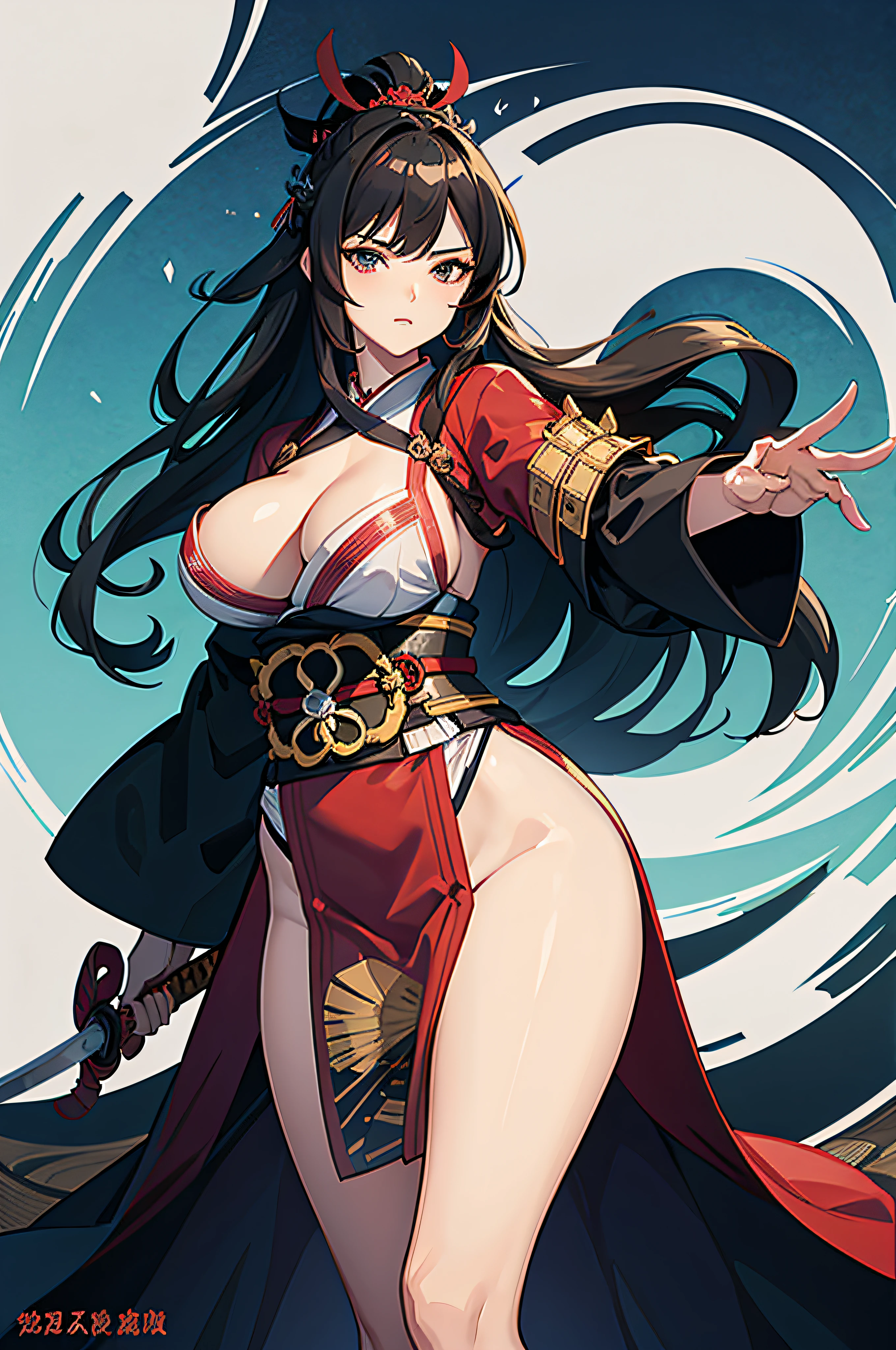 Samurai woman, milf, shapely, sword on her belt, looking at the viewer, large breasts, kimono, long hair, beautiful, fap material, good figure, hd, ultra sharp, 8k