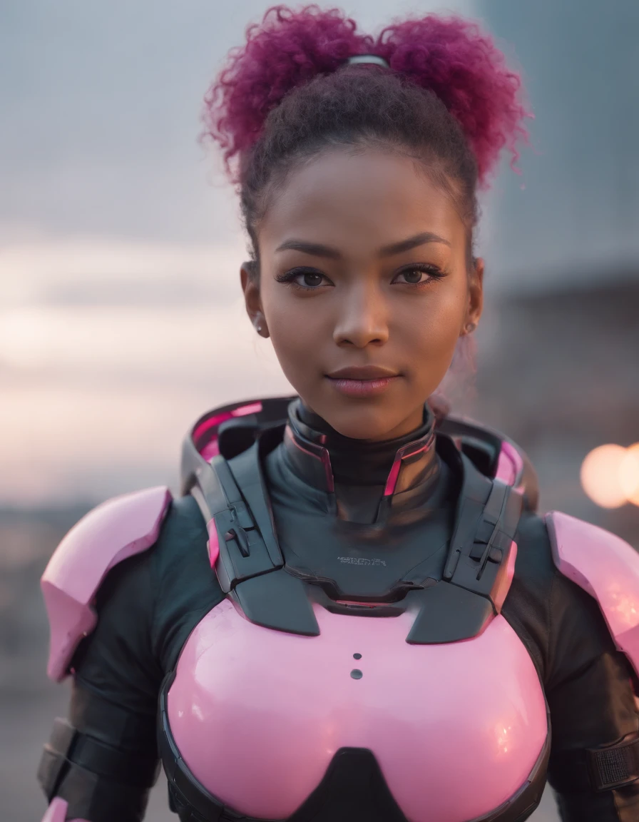 REALISTIC ANIME STYLE, JAPANESE ANIME, REAL ANIME, RAGE UNLEASHED, CRAZY SMILE, HAPPY, INSANE, afro asian cute woman cyborg soldier HEAVY CYBERNETIC ARMOR, NEON PINK SNIPER RIFFLE, SNIPER RIFLE glowing PINK eyes,BIG COOL CYBERNETIC HOODIE JACKET WITH NEON LIGHTS, cybernetic, cyberpunk SNIPER, on planet venus, wasteland, apocalypse, barren venus planet, cinematic, volume lighting,