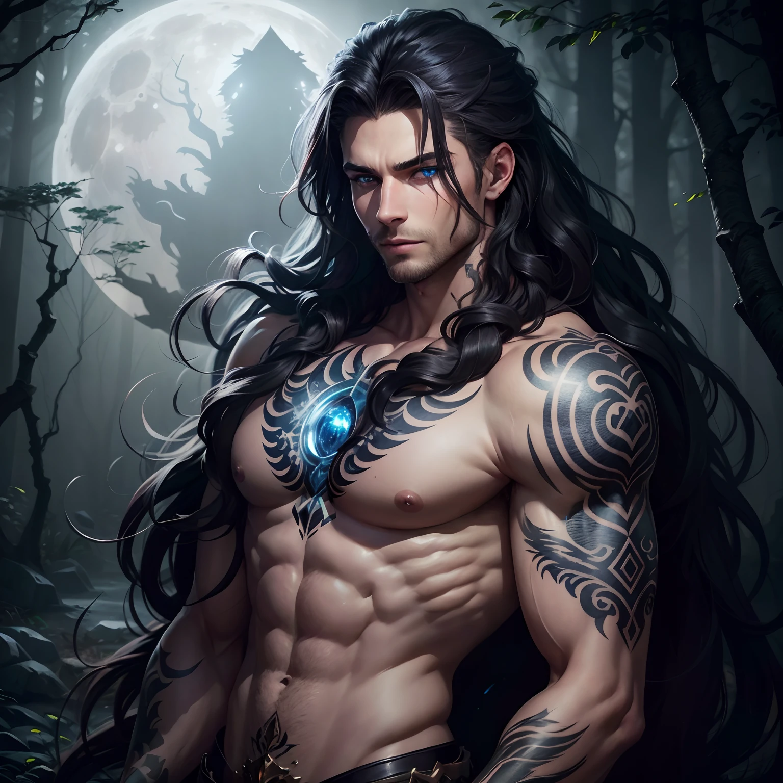 lycan male,  blue eyes, short dark hair cascades to shoulders, well-toned arms, many tattoos, digital painting, detailed fur texture, moonlit forest background, misty atmosphere, realistic lighting, vibrant colors, high resolution, 4K rendering